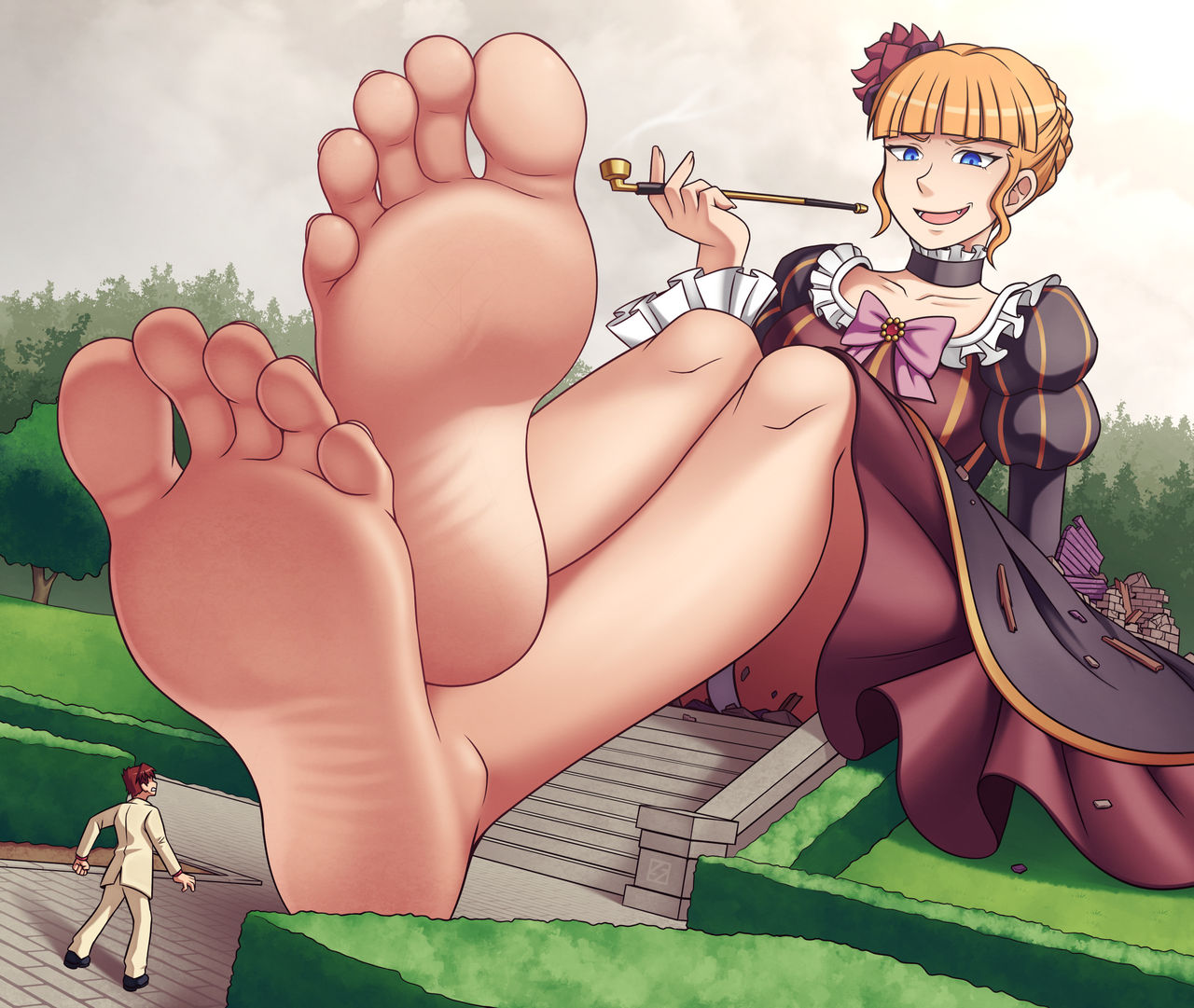 07th expansion, 1boy, 1girls, barefoot, battler ushiromiya, beatrice (umineko), blonde hair, blue eyes, blunt bangs, destruction, dress, feet, foot focus, giantess, kiseru, legs, light-skinned female, long dress, outdoors, panties peek, smoking pipe, thunderafterdark, umineko no naku koro ni, white panties