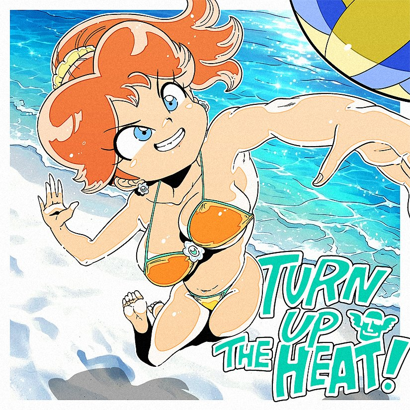 armpits, ball, bare hips, bare legs, barefoot, beachball, bikini, blue eyes, bra, brown hair, curvy, earrings, feet, flower earrings, grin, groin, jewelry, jumping, legs, mario (series), meijin okd, nintendo, ocean, orange bra, playing, plump, ponytail, princess daisy, sand, sassy, smile, soles, swimsuit, thong, thong bikini, toes, tomboy, underwear, volleyball, yellow bikini, young, young female