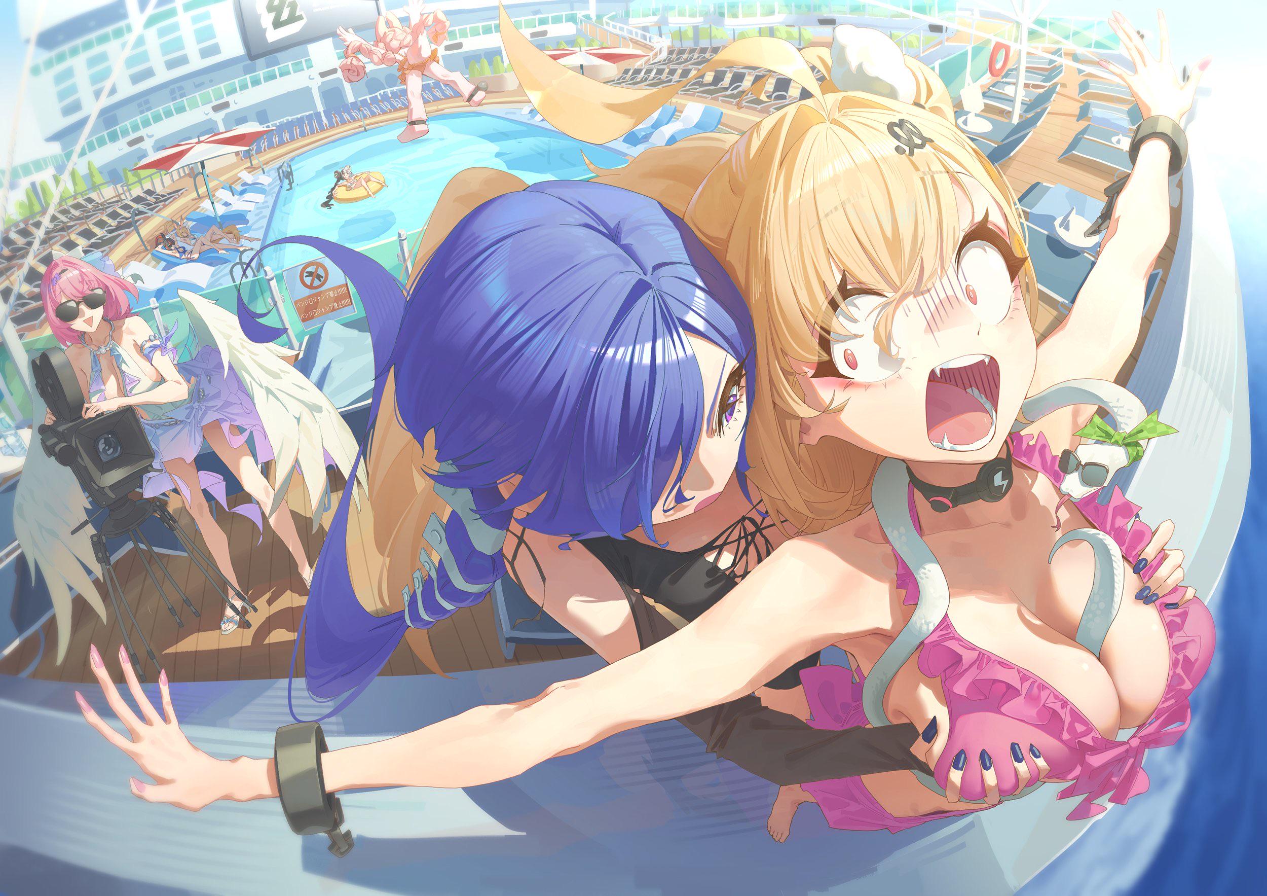 artist request, big breasts, cissia (zenless zone zero), cleavage, colored nails, fangs, groping breasts, groping from behind, hoyoverse, humor, long nails, painted nails, pink nails, promeia (zenless zone zero), purple nails, remielle dan, remielle dan (seashade pas seul), snake girl, swimsuit, tagme, zenless zone zero