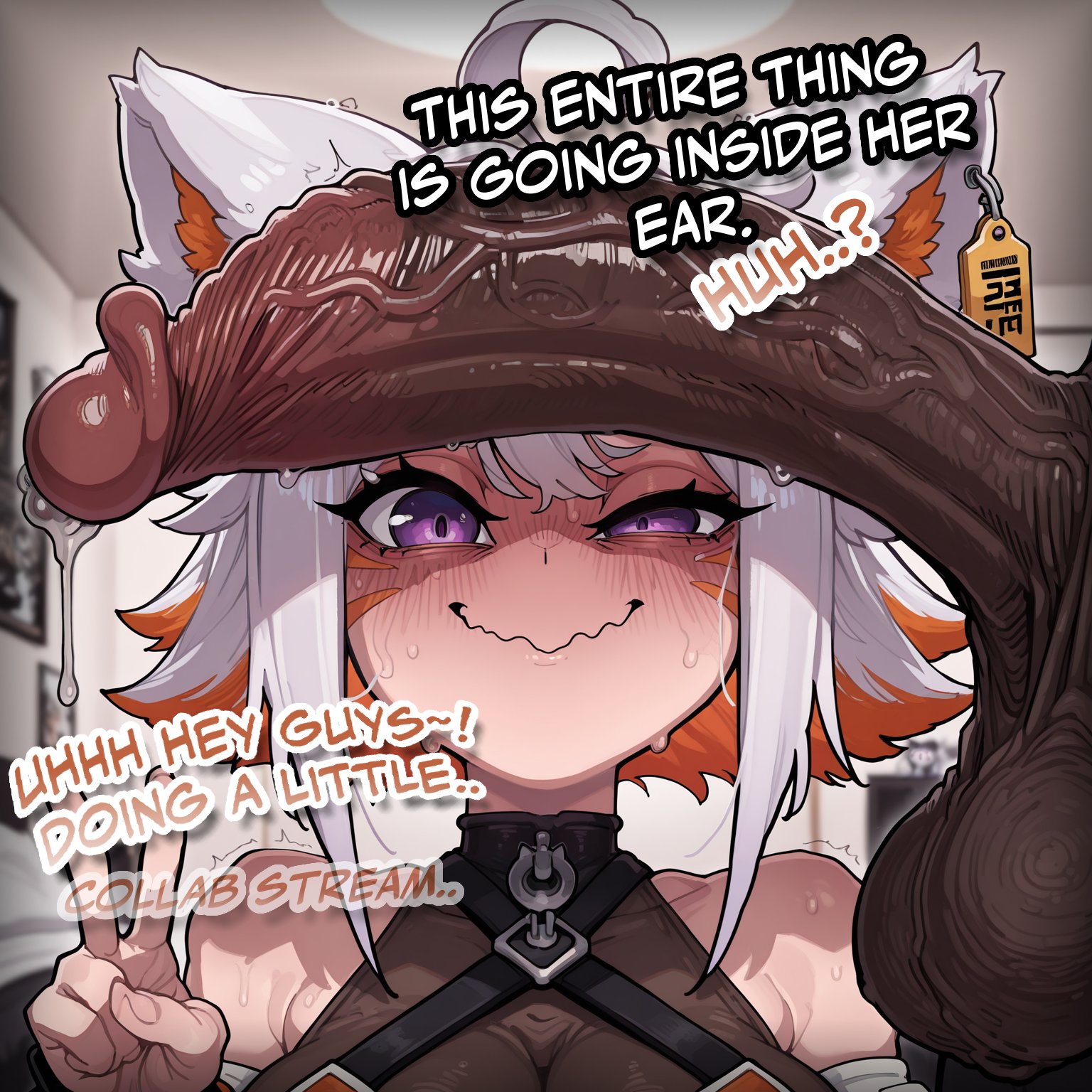 1boy, 1girl, 2026, 2d, absurd res, absurd resolution, absurdres, ahoge, ai generated, animal ear fluff, animal ears, bare shoulders, big penis, blush, breasts, cat ears, cheating, comic, dark skin, dark-skinned male, demenishki, english text, erection, hetero, hi res, high quality, high resolution, highres, huge penis, image, indie virtual youtuber, interracial, large penis, looking at viewer, minjad, multicolored hair, netorare, ntr, orange hair, patreon, penis, penis awe, precum, purple eyes, shiny skin, short hair, smile, sweat, testicles, trembling, two-tone hair, uncensored, uncensured, v, veins, veiny penis, virtual youtuber, vtuber, wavy mouth, white hair