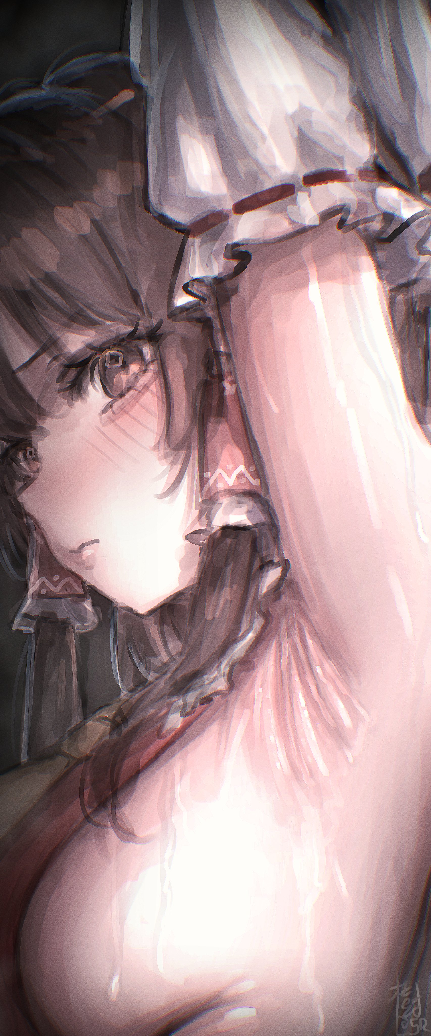 absurd res, armpits, arms up, autreeyah, big breasts, blue eyes, brown eyes, brown hair, disgusted, hakurei reimu, large breasts, looking at viewer, miko, red clothing, reimu hakurei, sideboob, sweat, touhou