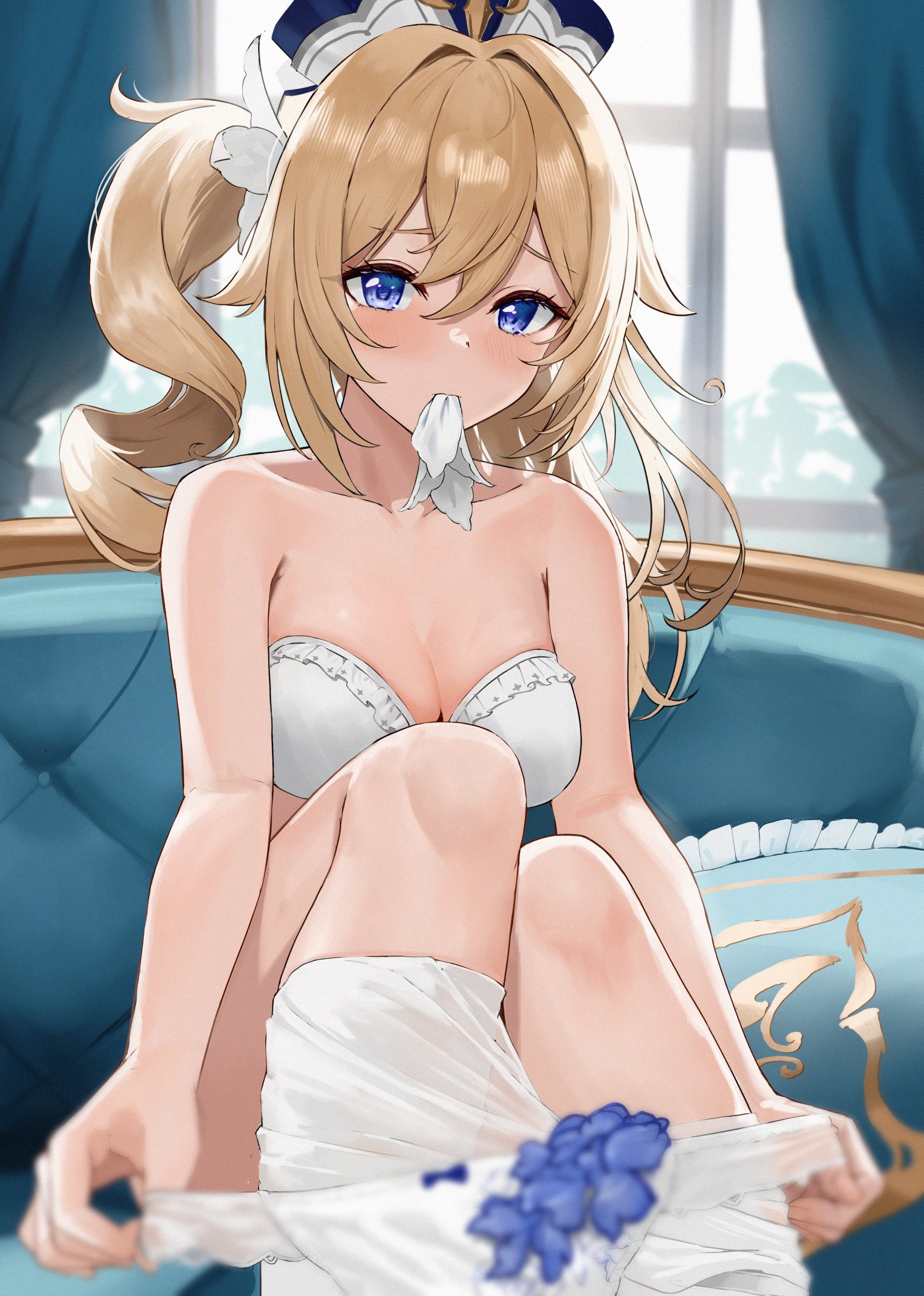 1girl, absurdres, ayul (ayulneri 92), barbara (genshin impact), blonde hair, blue eyes, bra, breasts, clothes pull, commentary request, couch, curtains, genshin impact, hair between eyes, highres, indoors, knees up, large breasts, medium hair, mouth hold, on couch, panties, pantyhose, pantyhose pull, sitting, solo, twintails, underwear, white bra, white panties, white pantyhose, window