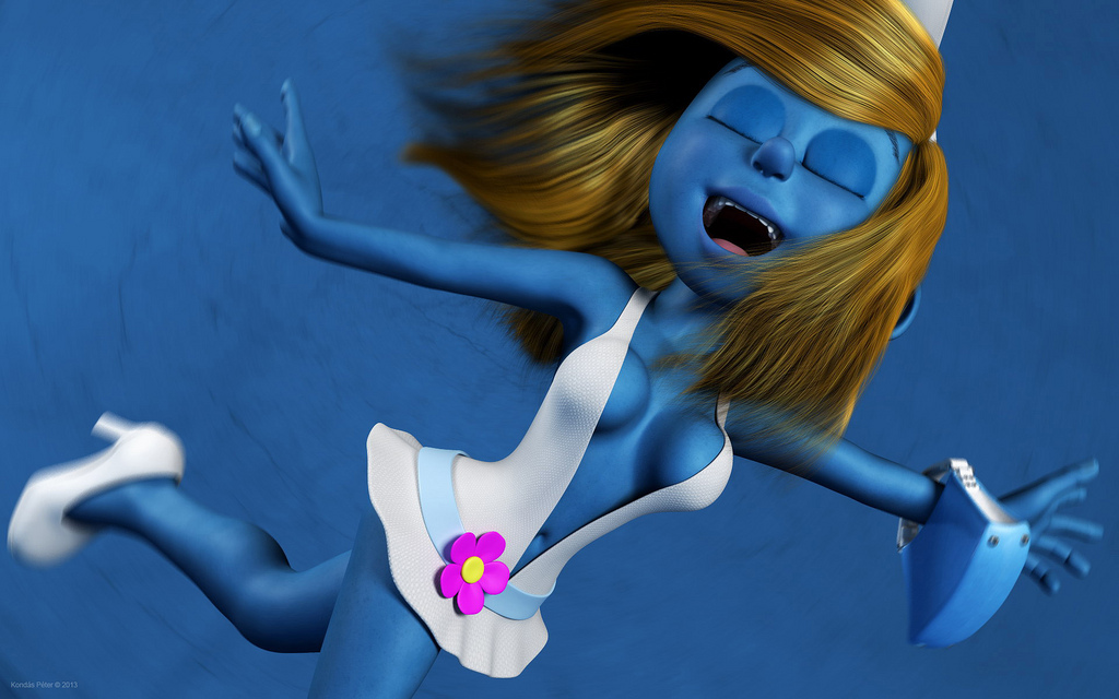 1girls 2013 blonde_hair blue_skin breasts cleavage dress female kondaspeter large_breasts navel no_humans open_clothes purse smurf smurfette solo the_smurfs