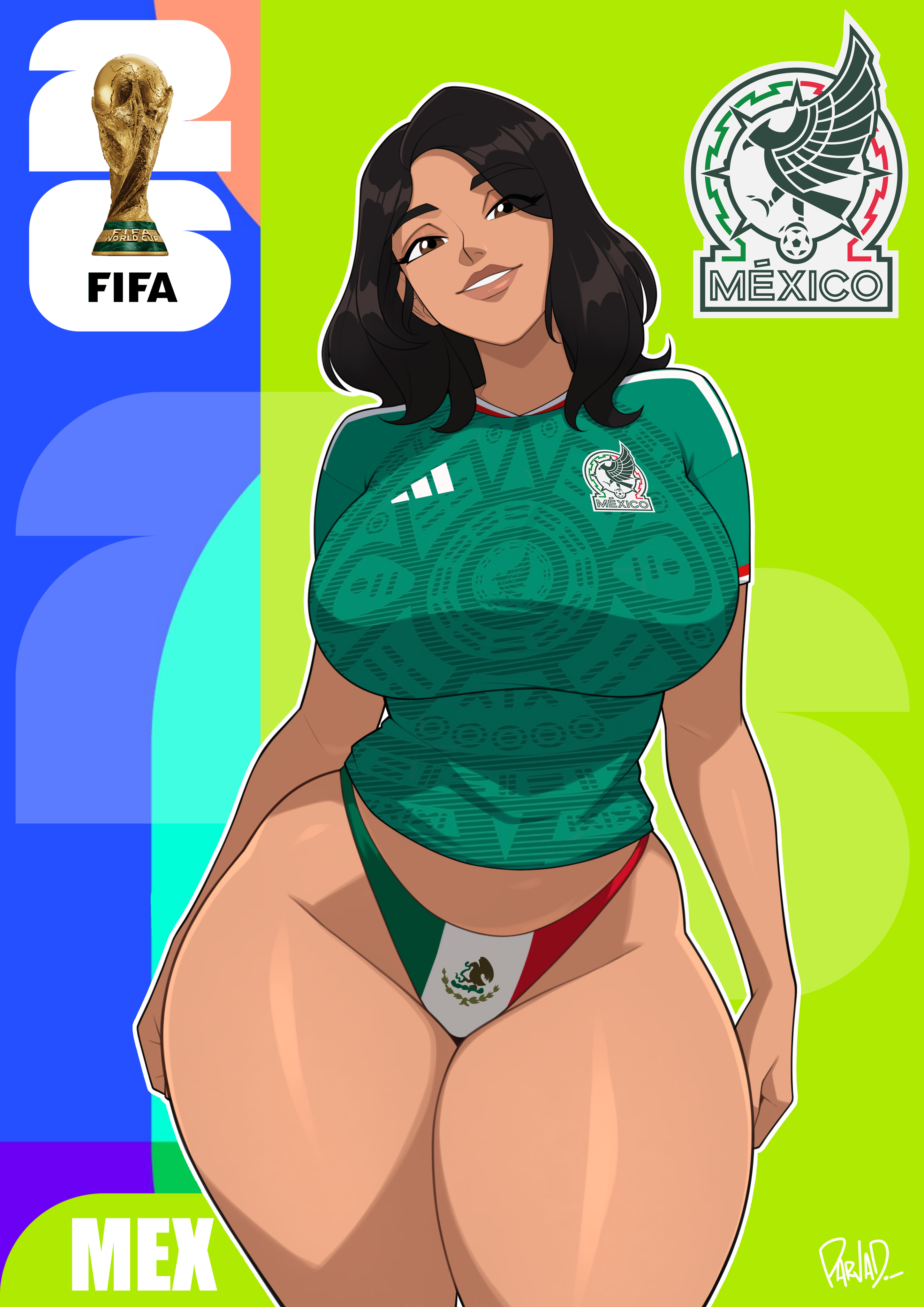 1girls, breasts, dark skin, dark-skinned female, female, female focus, female only, fifa, large breasts, looking at viewer, mexico, original, original character, parvad, soccer, solo, thick thighs, thighs, wide hips, world cup