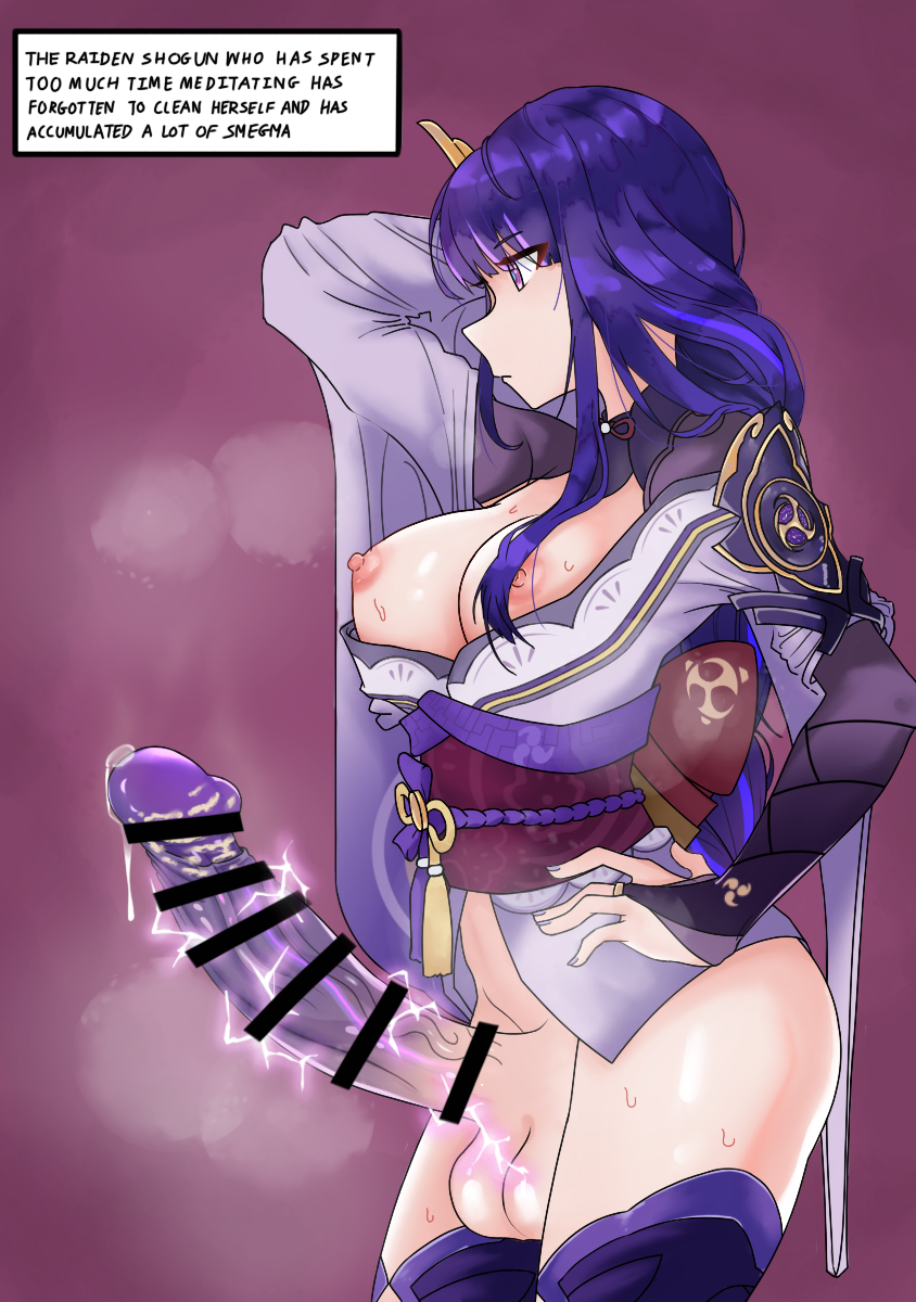 1futa alternate_version_at_source balls big_breasts big_penis bottomless breasts bridal_gauntlets censored clothed clothing electric_penis electricity english_text erection futa_only futanari genshin_impact hoyoverse huge_breasts huge_cock human konbini_tenshi light-skinned_futanari light_skin long_hair mostly_clothed nipples penis precum purple_eyes purple_hair raiden_shogun smegma smell solo standing steam steaming_body sweat sweaty text