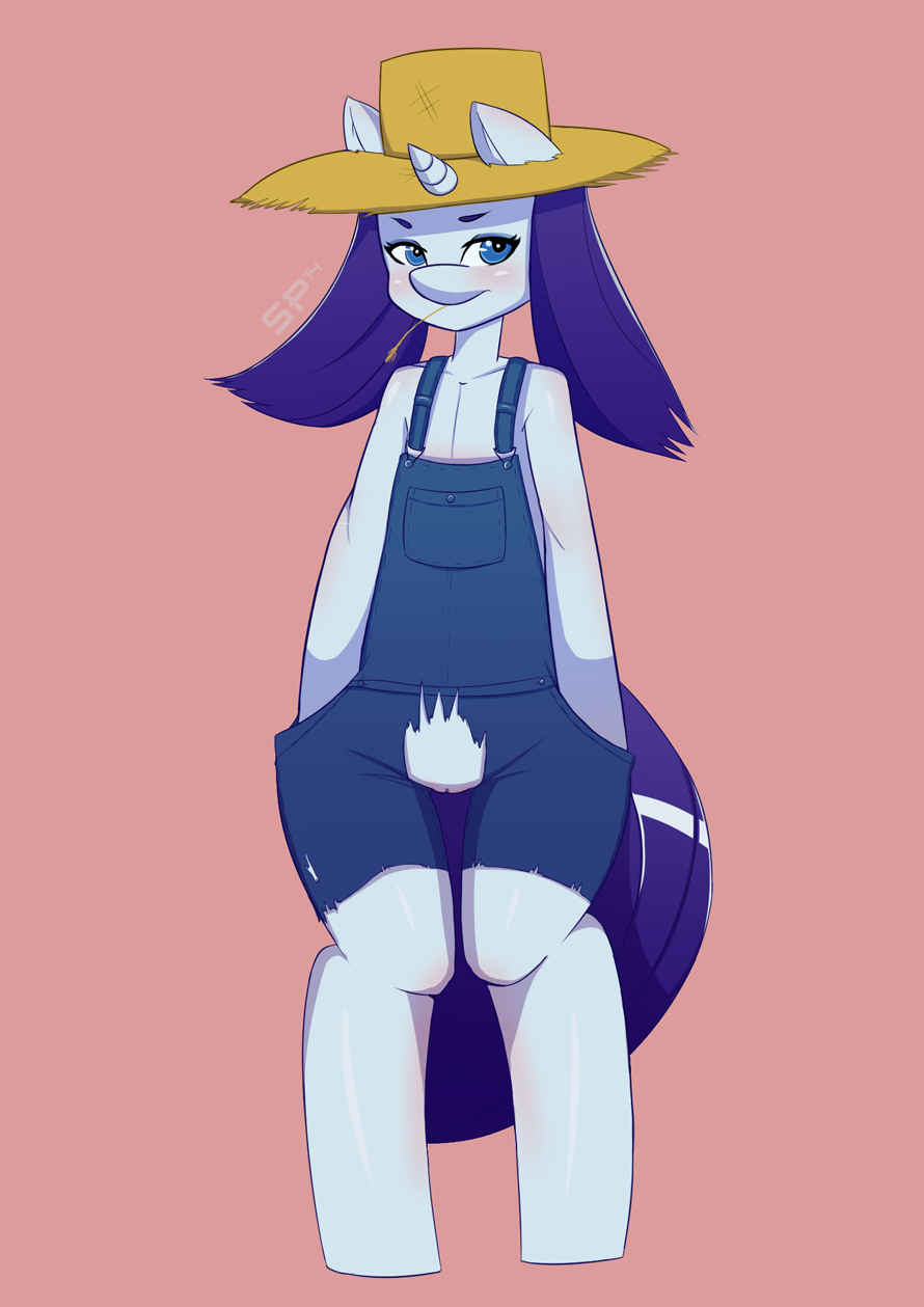 2014 anthro anthrofied blue_eyes blush clothing equine female friendship_is_magic fur hair hat horn horse looking_at_viewer mammal my_little_pony overalls plain_background pony purple_hair pussy rarity_(mlp) silentpon3 smile solo standing straight_hair straw_hat unicorn white_fur