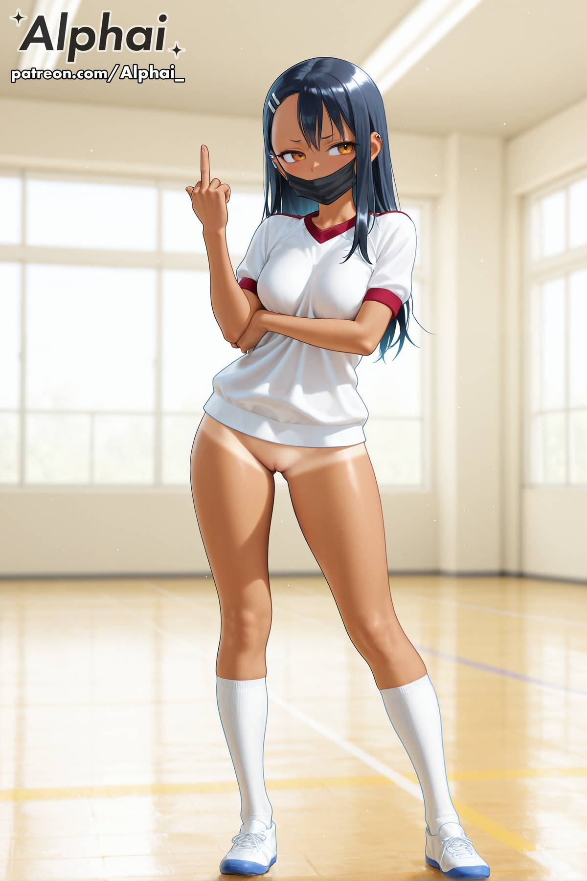 1girl, 2025, 2026, 4k, absurd res, absurdres, ai, ai art, ai assisted, ai created, ai generated, ai-created, ai-generated, alphai, angry, anime, black surgical mask, blue hair, blushing, breasts, brown hair, chest, cinematic lighting, close-up, clothing, colorful background, dark eyes, dark skin, dark-skinned female, depth of field, detailed hair, detailed skin, detailled background, dramatic shadows, eyelashes, eyeliner, fang, female, female face, female focus, female only, flat chest, full body, gym uniform, gymnasium, hayase nagatoro, high quality, high resolution, highres, hip bones, hip dips, legs, legwear, long hair, looking away, middle finger, naughty face, no panties, nude, nude female, orange eyes, particles, patreon, patreon link, patreon url, patreon username, petite breasts, please don't bully me, nagatoro, pouting, pretty, pretty face, pretty girl, raised eyebrows, seductive eyes, sharp teeth, short stature, simple background, skinny, slender, small breasts, small waist, socks, solo, standing, tan, tanline, tanlines, teasing, teasing viewer, thighs, volumetric lighting, watermark, white socks