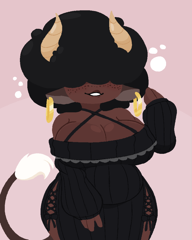 1girl, 1girls, 2025, african female, afro, animal ears, bbw, big hair, big tits, black hair, bovine humanoid, brown skin, chubby, chubby female, clothed female, color, colored, cow ears, cow girl, cow tail, dark-skinned female, dress, earrings, eyes covered, female, female focus, female only, fluffy hair, freckles, freckles on face, horns, huge breasts, huge tits, large breasts, original character, plump, plump lips, solo, solo focus, sophie (themintycafe11), tagme, tail, themintycafe11, thick thighs, wide hips