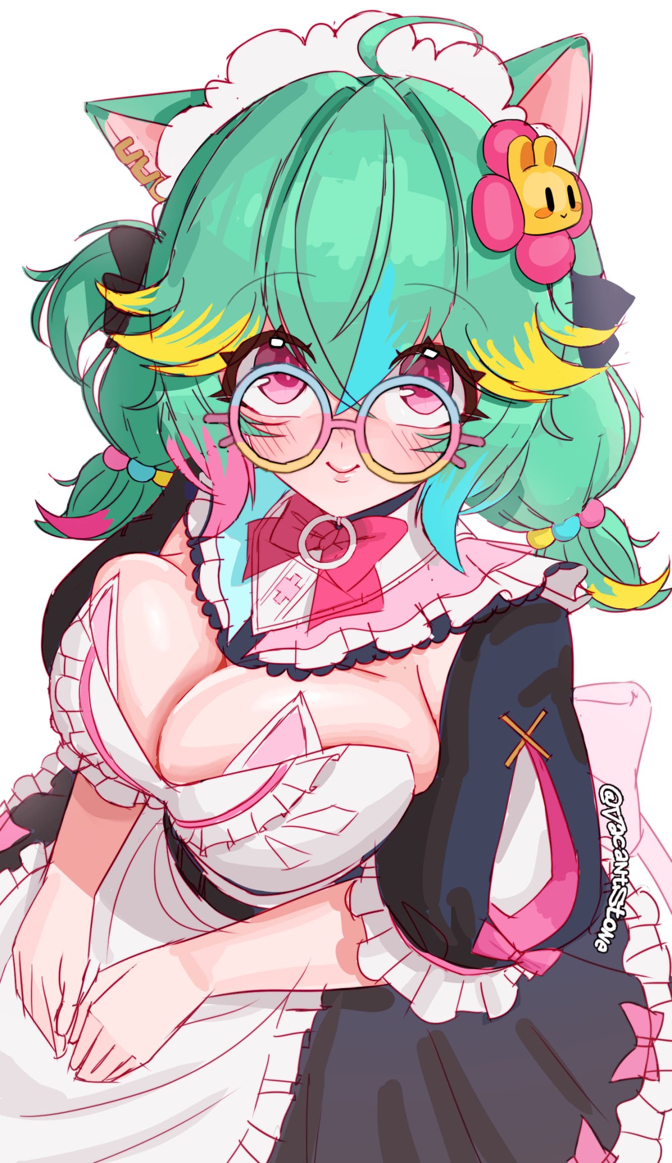 1girl, 1girls, ahoge, animal ears, apron, big breasts, black dress, blonde streaks, blue streaks, blush, bow, breasts, cat ears, cat girl, cleavage, commentary, dress, english commentary, female, flower, glasses, green hair, hair between eyes, hair flower, hair ornament, highres, large breasts, looking at viewer, looking up, maid, maid apron, maid headdress, massive breasts, multicolored hair, pink bow, pink streaks, red eyes, rosedoodle (vtuber), round eyewear, smile, solo, streaked hair, tits, twintails, vacantstone, vchiban, virtual youtuber, vtuber, white background