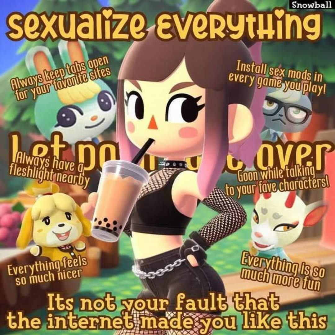 advertisement, ai assisted, ai generated, animal crossing, black shorts, bobba tea, crop top, dirty talk, drinking, fingerless gloves, fishnets, goon caption, goth, goth girl, isabelle (animal crossing), lashes, not porn, propaganda, raymond (animal crossing), sasha (animal crossing), sexually suggestive, shino (animal crossing), spiked collar, text, two-tone hair, villager (animal crossing)