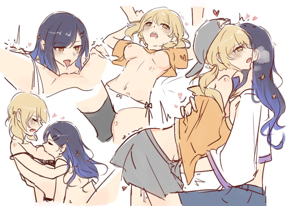 2girls, azusawa kohane, blush, breasts, cunnilingus, female, female only, lesbian, lesbian sex, nipples, panties, panties aside, project sekai, shiraishi an, sucking nipples, tongue, tongue out, yuri
