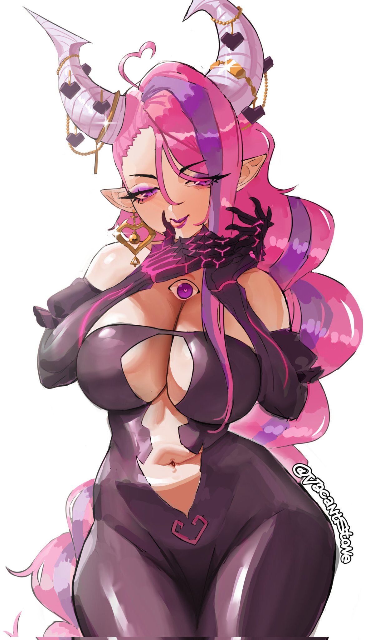 1girls, ahoge, artist name, bare shoulders, big breasts, bodysuit, braid, braided ponytail, breast cutouts, breasts, breedable hips, chest eye, claws, cleavage, closed mouth, clothing cutout, commentary, cowboy shot, curvy, demon horns, earrings, elbow gloves, extra eyes, female, gloves, hair between eyes, heart, heart-shaped pupils, highres, hips, horns, indie virtual youtuber, ironmouse, ironmouse (underworld goddess), jewelry, large breasts, latex, latex bodysuit, latina, licking, licking finger, long hair, looking at viewer, multicolored hair, navel, pink hair, pointy ears, purple eyes, purple streaks, simple background, slit pupils, solo, standing, stomach, stomach cutout, streaked hair, symbol-shaped pupils, tits, tongue, tongue out, untranslatable commentary, vacantstone, very long hair, virtual youtuber, vtuber, white background, white horns, wide hips