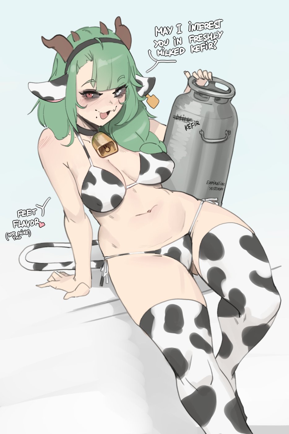 1girl, 1girls, animal ears, animal print, arbuz budesh, arbuzbudesh, bikini, black hairband, breasts, choker, colored sclera, commentary, cow ears, cow girl, cow horns, cow print, cow print bikini, cow print thighhighs, cow tail, crelly, english commentary, english text, fang, female, green hair, grey eyes, grey sclera, hairband, heterochromia, highres, horns, indie virtual youtuber, large breasts, long hair, milk churn, mole, mole under mouth, navel, open mouth, print bikini, print thighhighs, red eyes, side ponytail, simple background, sitting, skin fang, slutty female, solo, stomach, swimsuit, tail, thick, thick thighs, thighhighs, thighs, tits, virtual youtuber, vtuber