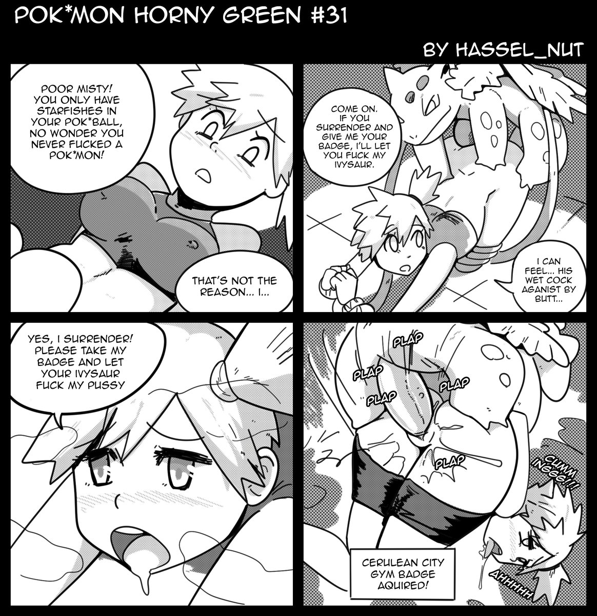 black and white, comic, doggy style, feral on female, hasselnut, ivysaur, kasumi (pokemon), leaf (pokemon), misty (pokemon), nintendo, nipple bulge, page 31, pokemon, pokemon (species), pokemon horny green, pokephilia, straight, vaginal penetration, vaginal sex, wolfgang bang