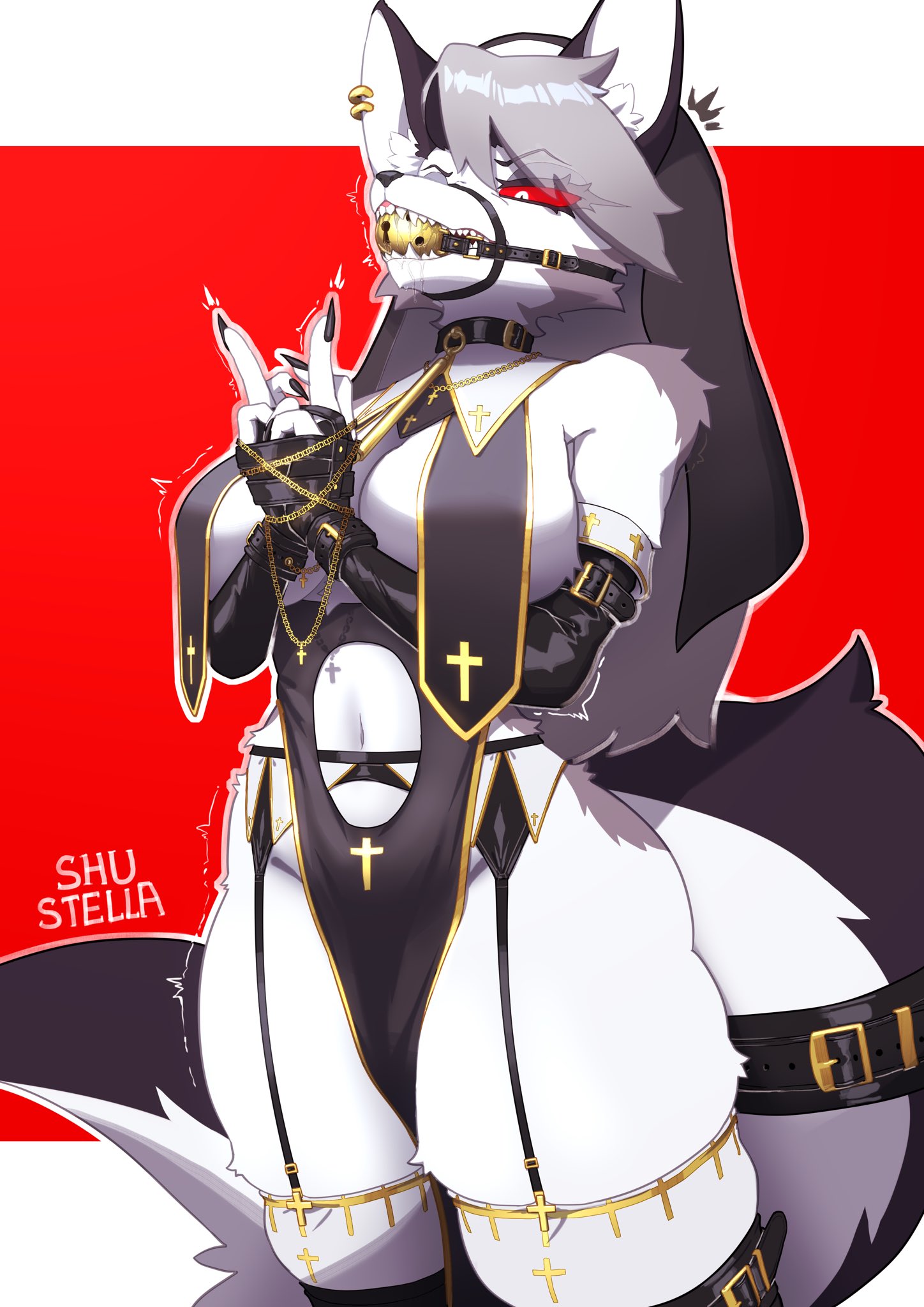 artist request, ball gag, breasts, drooling, hellaverse, hellhound, helluva boss, loona (helluva boss), religion, religious clothing, tagme
