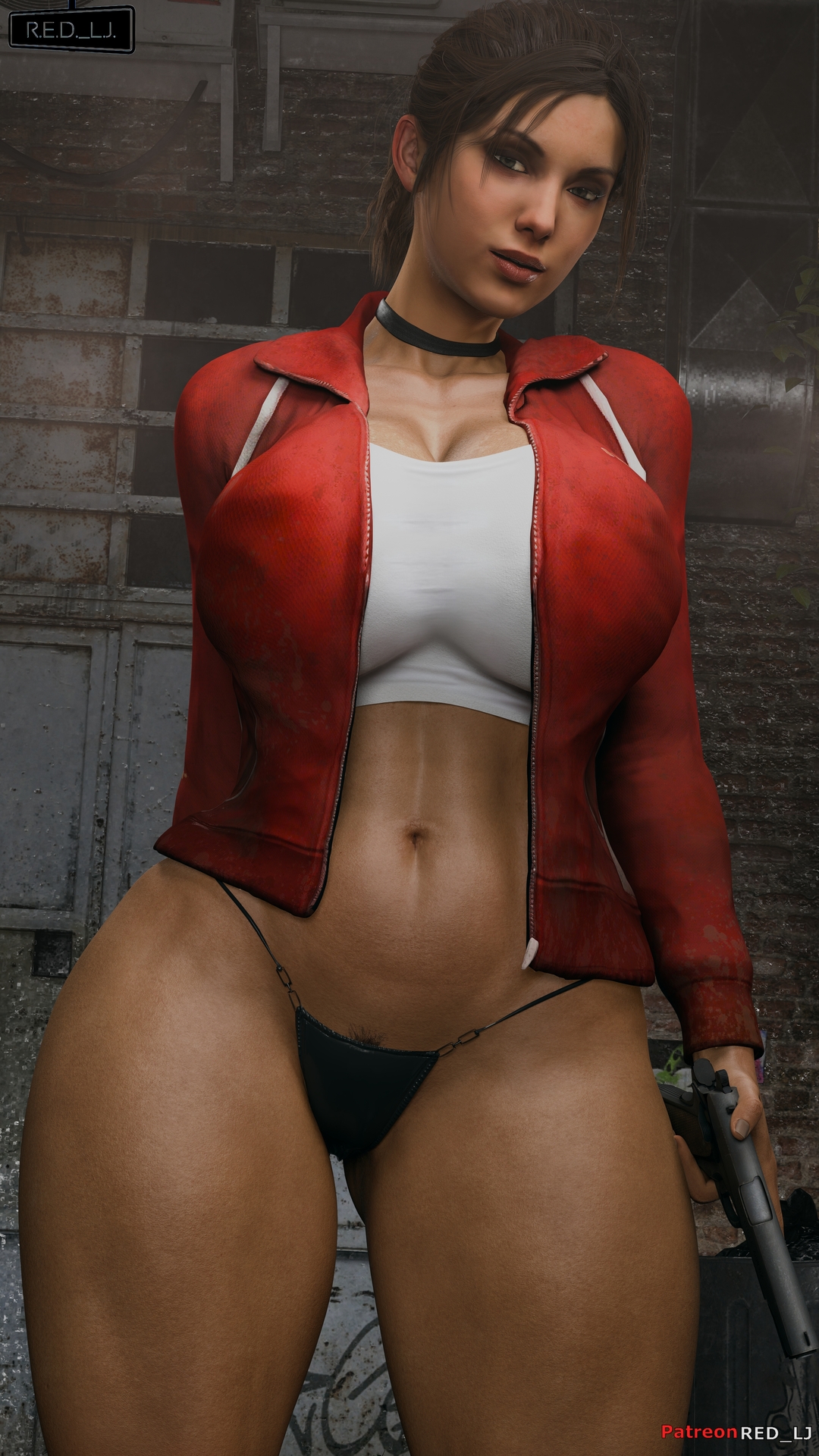 1girls, 3d, big breasts, big thighs, black bikini bottom, blender (software), breasts, cleavage, clothing, female, female only, green eyes, gun, holding gun, holding weapon, human, human only, jacket, jacket open, left 4 dead, left 4 dead (series), light skin, light-skinned female, long hair, mammal, mature, mature female, nipples, open clothes, open jacket, panties, patreon username, ponytail, red jacket, red lj, shoes, solo, solo female, solo focus, thick thighs, thighs, tied hair, trash can, valve, valve (company), weapon, zoey (left 4 dead)