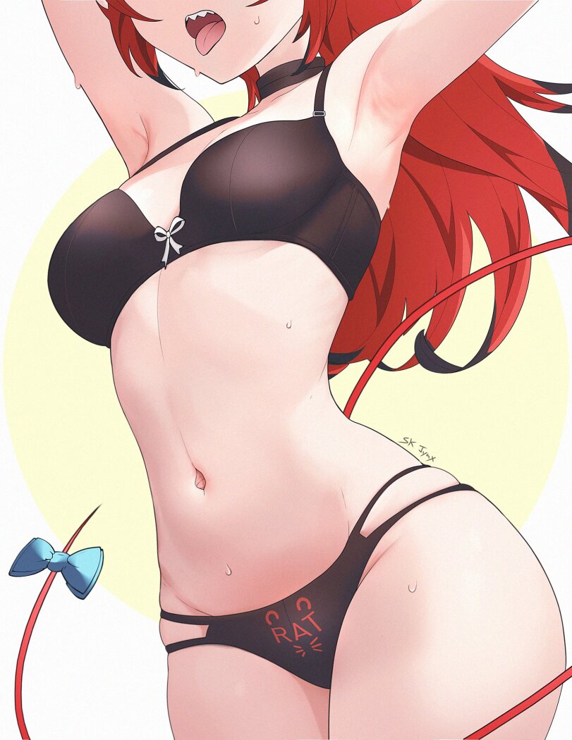 1girls, armpits, bare midriff, black bra, black panties, bra, female, hakos baelz, hololive, hololive english, hololive english -council-, medium breasts, navel, panties, rat girl, rat tail, red hair, sk jynx, skinny waist, solo, tongue out, tummy, virtual youtuber, vtuber