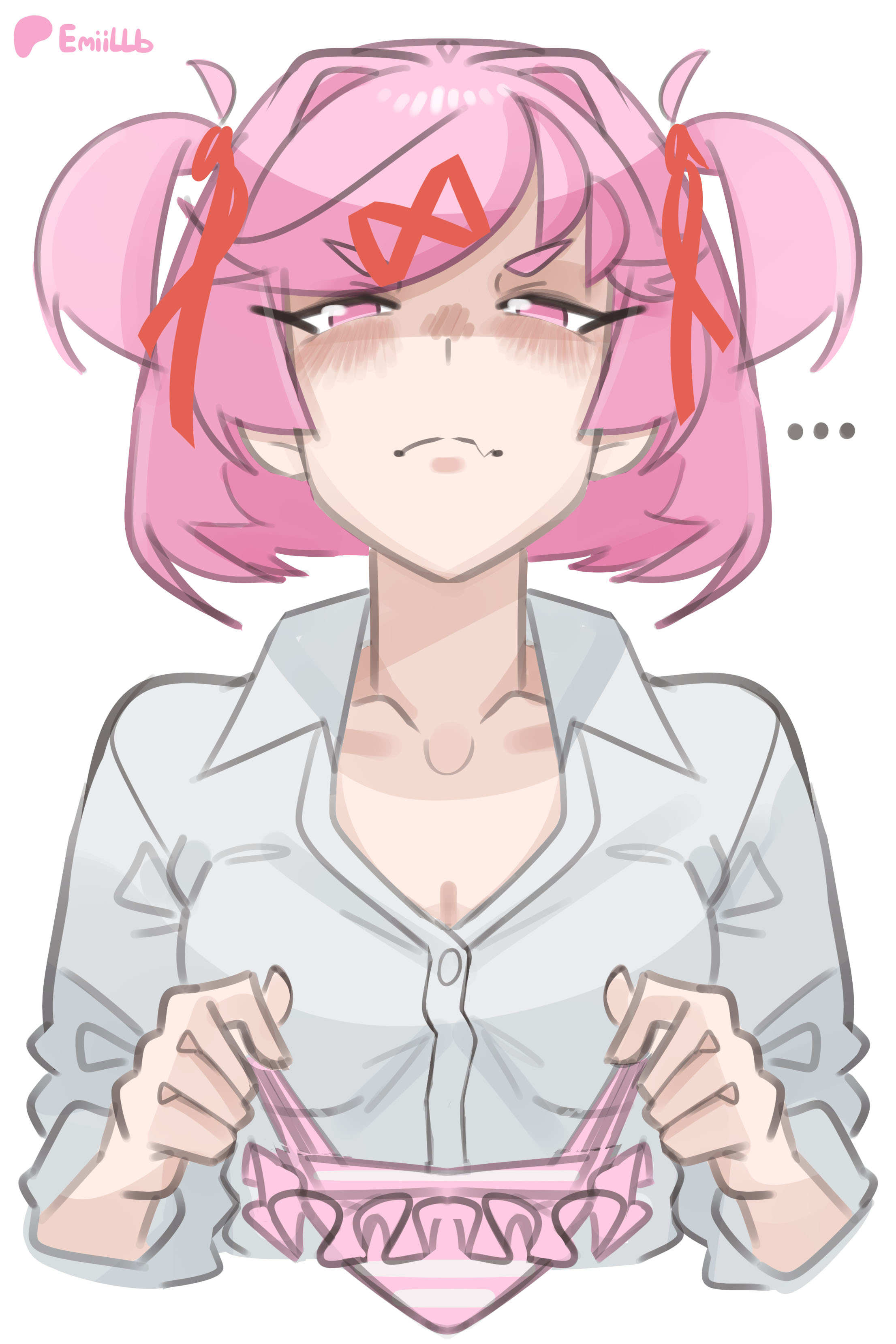 1girl, absurdres, annoyed, artist name, bikini, blush, bob cut, breasts, cleavage, closed mouth, collarbone, collared shirt, commentary, cropped torso, doki doki literature club, dress shirt, embarrassed, emiillb, english commentary, eyelashes, fang, frilled bikini, frills, from below, frown, hair intakes, hair ornament, hair ribbon, highres, holding, holding unworn clothes, looking at viewer, looking down, mink (dragon half), narrowed eyes, natsuki (doki doki literature club), no pupils, nose blush, patreon logo, patreon username, pink bikini, pink eyes, pink hair, questionable, red ribbon, ribbon, shaded face, shirt, short eyebrows, short hair, signature, simple background, skin fang, small breasts, solo, straight-on, string bikini, striped bikini, striped clothes, swept bangs, swimsuit, thick eyebrows, two side up, unworn bikini bottom, v-shaped eyebrows, w arms, white background, white shirt, x hair ornament