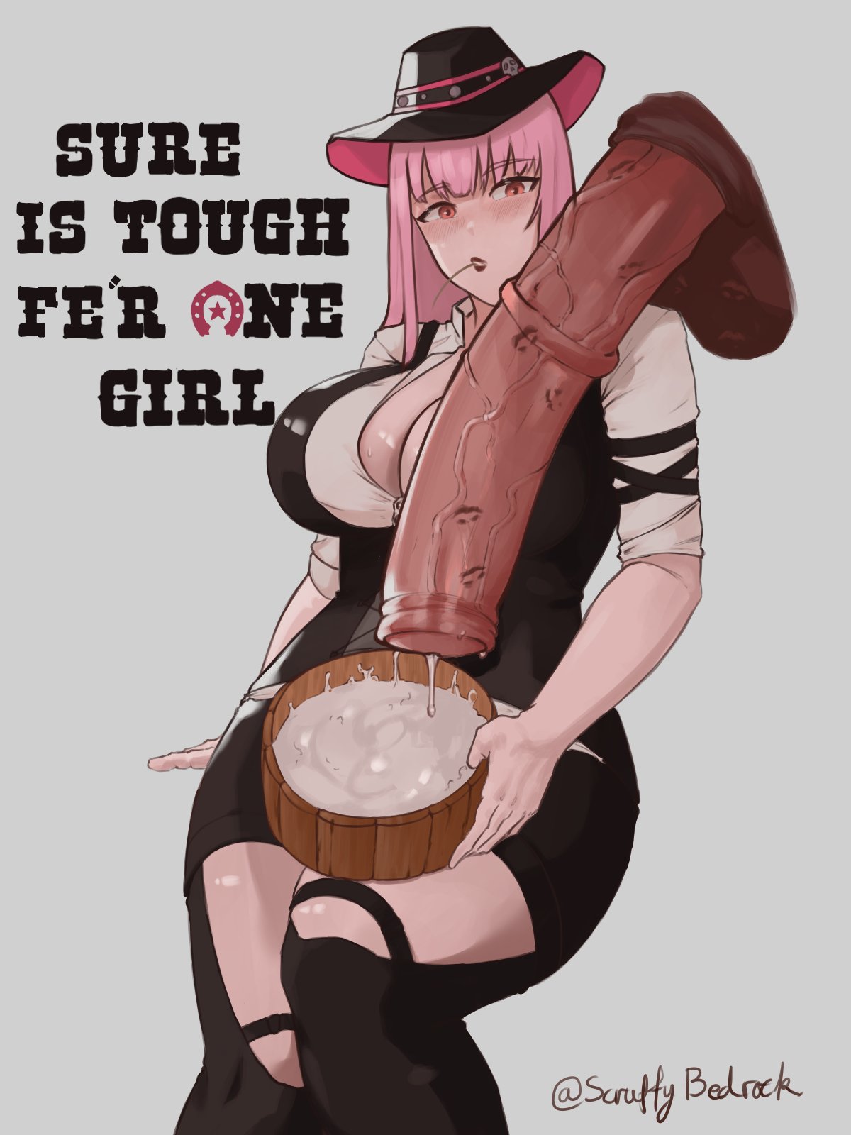 after bestiality, after sex, animal penis, balls, bedrockscruffy, big breasts, breasts, bucket, bucket of cum, clothing, cock, cow girl, cowgirl, cum, cum bucket, equine, female, female human, female on feral, feral, feral on female, feral on human, hololive, hololive english, horse, horsecock, huge cock, human, human female, human on feral, interspecies, kiss mark, large breasts, looking at penis, milking cum, mori calliope, penis, pink eyes, pink hair, text, uncensored, veiny penis, virtual youtuber, zoophilia