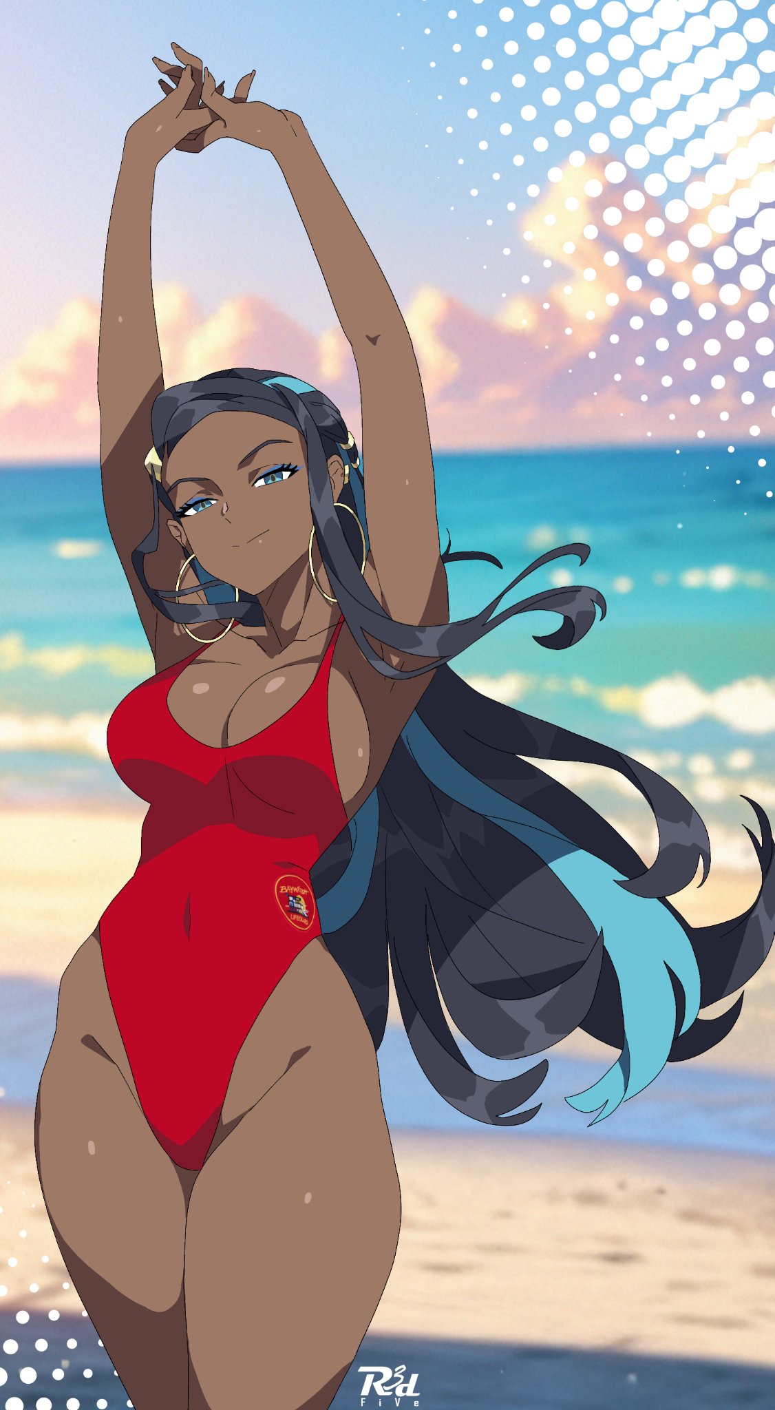 1girl, baywatch (cosplay), beach, big breasts, black hair, blue streak, blue streaks, breasts, cleavage, dark skin, dark-skinned female, female, large breasts, long hair, looking at viewer, nessa (pokemon), ocean, pokemon, pokemon ss, r3dfive, red swimsuit, solo, stretching, swimsuit, thighs, water