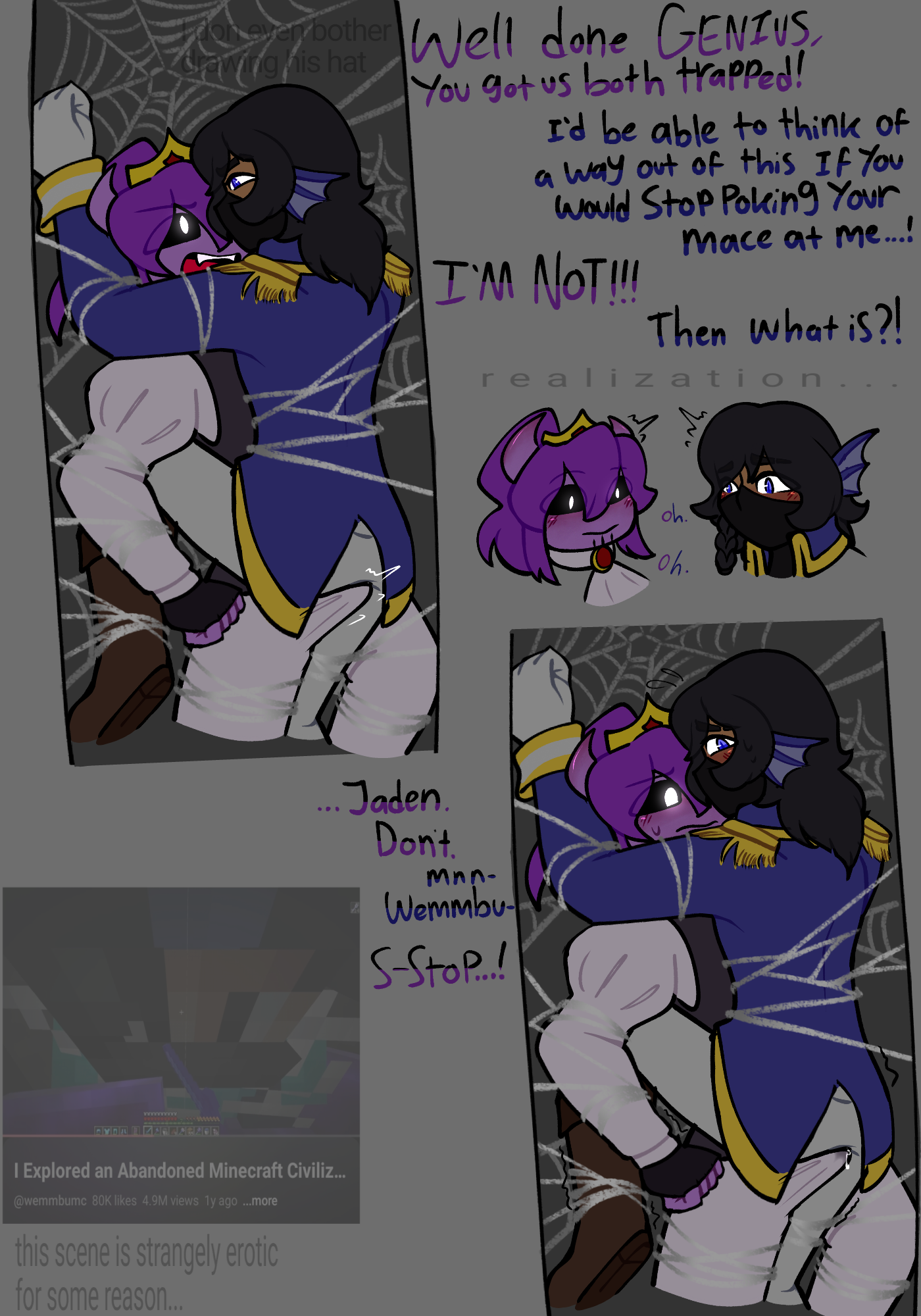 2boys, accidentally stuck, against wall, anonymous artist, black hair, black sclera, blue eyes, blush, blushing, bondage, boner, bound, bound together, cobwebs, color, comic, comic panel, comic strip, demon, demon horns, dialogue, english text, erection, erection under clothes, fin ears, fooledclown, fooledclown (artist), fully clothed, gay, gloves, grey background, jaden man, long hair, male/male, mask, mcyt, minecraft, minecraft youtubers, pirate, precum, precum drip, precum through clothing, purple body, purple hair, saliva, self upload, slit pupils, spider web, sweat, tagme, tan body, tanned skin, text, tied hair, tied up, twitch, twitch streamer, twitch.tv, unstable smp, unstable universe, wemmbu, wemmbumc, white eyes, yaoi, youtube, youtuber, youtuber boy, youtuber sona, youtubers