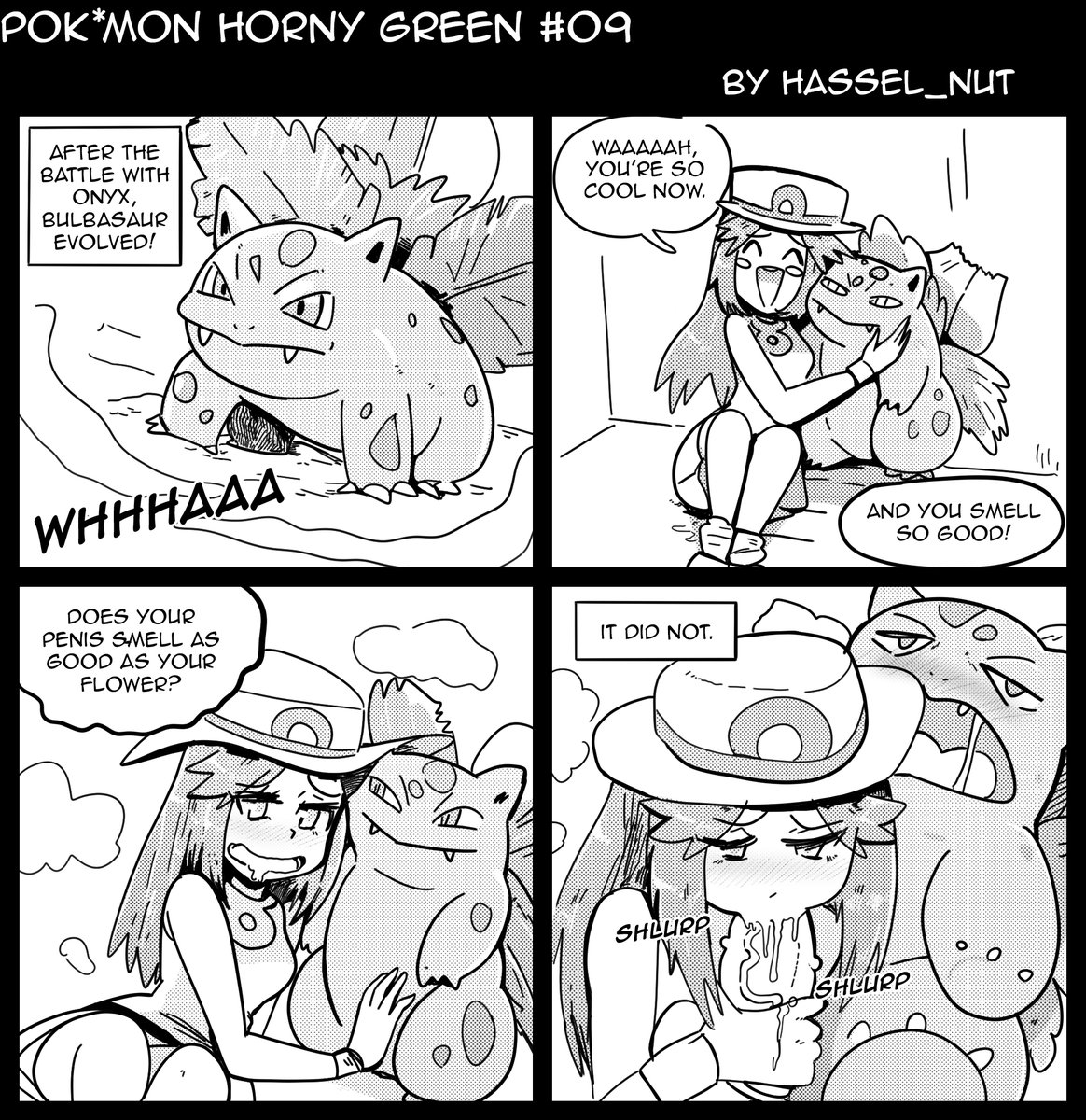 blowjob, comic, dialogue, drooling, greyscale, hasselnut, horny female, human, ivysaur, jerking off another, leaf (pokemon), looking at penis, nintendo, page 9, penis, pokemon, pokemon (species), pokemon horny green, pokephilia, sound effects, straight, veiny penis, wolfgang bang