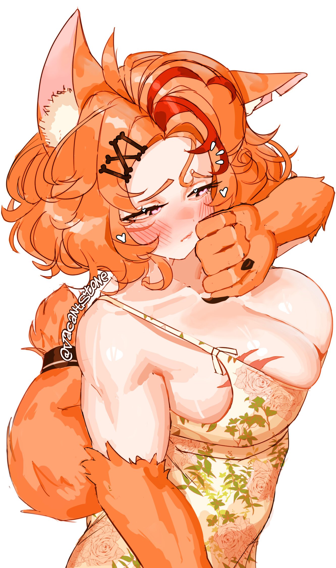 1girl, 1girls, animal ear fluff, animal ears, animal hands, arm hair, artist name, big breasts, blush, bone, breasts, buffpup (vtuber), claws, cleavage, closed mouth, commentary, curly hair, dot nose, dress, english commentary, female, floral print, from side, furry, furry female, hair ornament, hairclip, heart, heart-shaped pupils, highres, large breasts, looking to the side, medium hair, muscular, muscular female, orange hair, parted bangs, raised inner eyebrows, scar, scar on chest, simple background, solo, standing, sundress, symbol-shaped pupils, tail, tits, upper body, vacantstone, vchiban, virtual youtuber, vtuber, white background, wolf ears, wolf girl, wolf tail