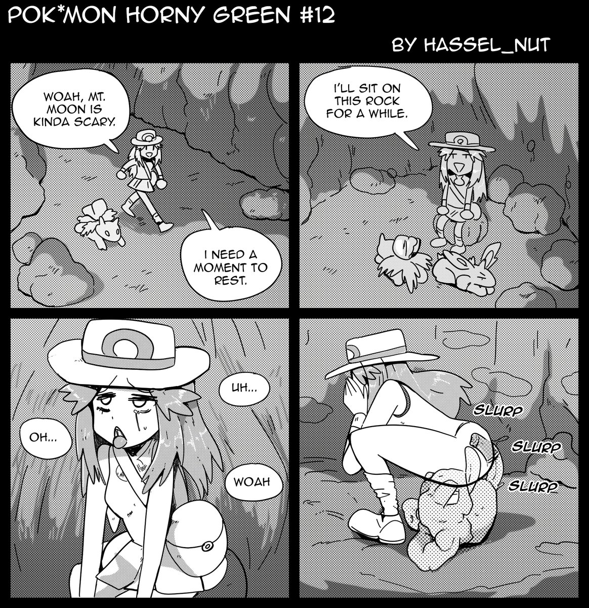 comic, dialogue, female, geodude, greyscale, hasselnut, ivysaur, leaf (pokemon), male, nidorino, nintendo, oral, oral sex, page 12, pokemon, pokemon (species), pokemon horny green, pokephilia, sitting on face, stealth sex, wolfgang bang