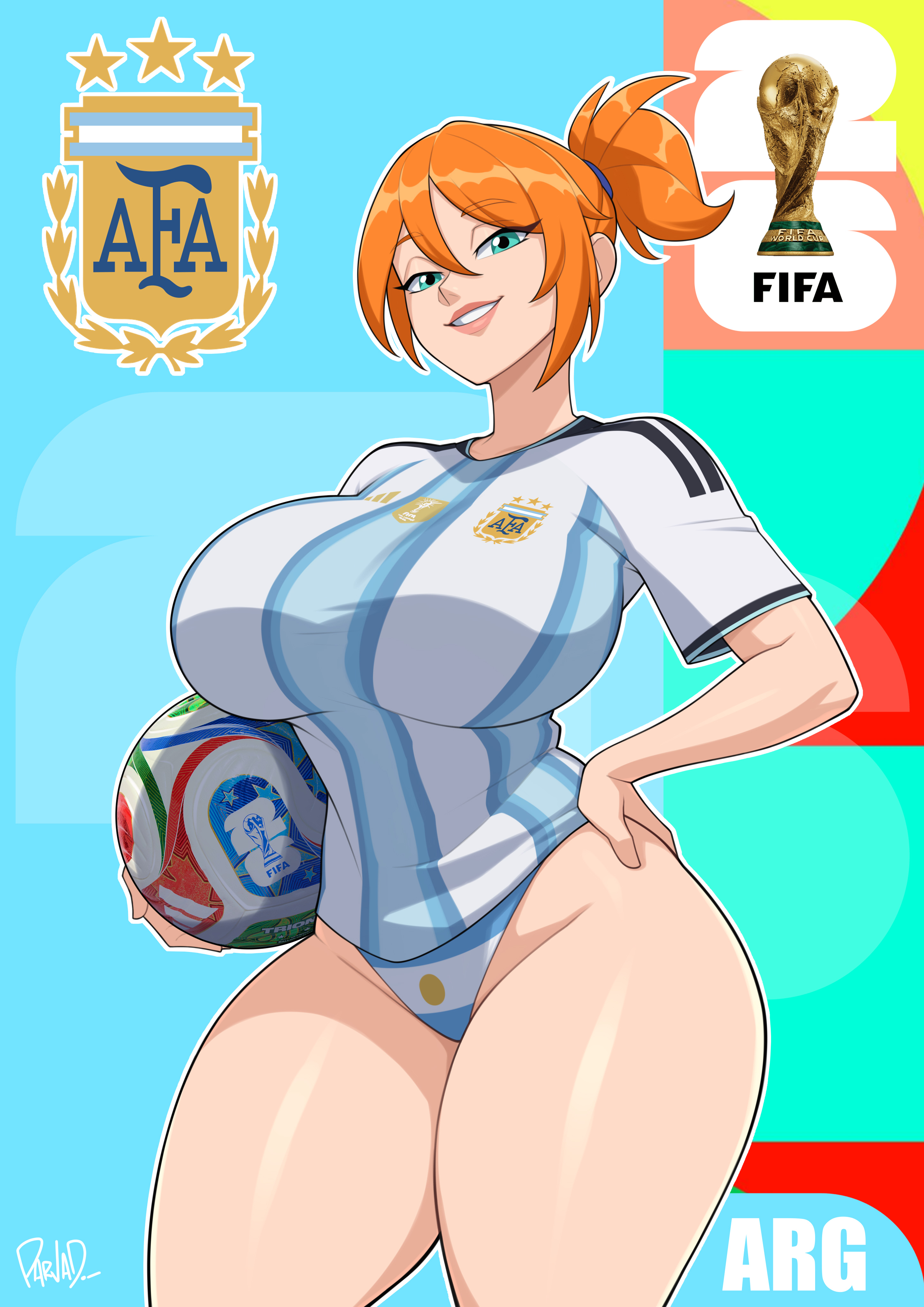 1girls, adidas, argentina, breasts, female, female focus, female only, fifa, football, football ball, ginger, jenn (parvad), large breasts, light skin, light-skinned female, looking at viewer, original, original character, parvad, redhead, solo, thick thighs, thighs, wide hips, world cup