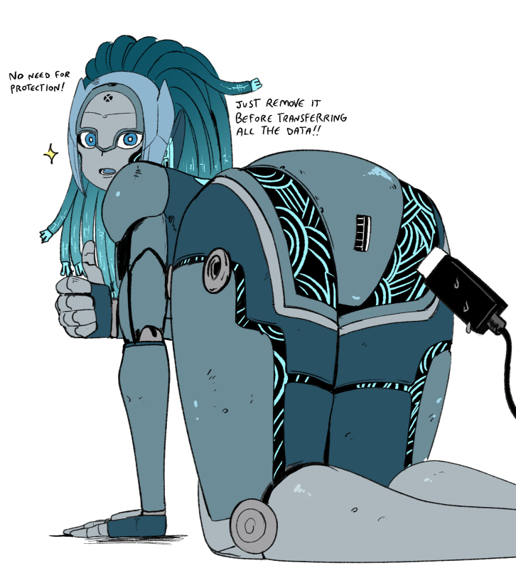 1girls, 2026, 2d, 2d (artwork), all fours, ass, ass focus, big ass, blue eyes, comic character, danger (marvel tokon), danger (marvel), joints, looking at viewer, looking back, marvel, marvel comics, marvel tokon: fighting souls, metal ass, metallic body, metallic hair, metallic skin, one finger up, open mouth, presenting own ass, presenting own body, robot, robot girl, robot joints, sexually suggestive, simple background, solo, speech, thick thighs, thighs, thumbs up, usb, usb cable, video games, wanderjegson, white background