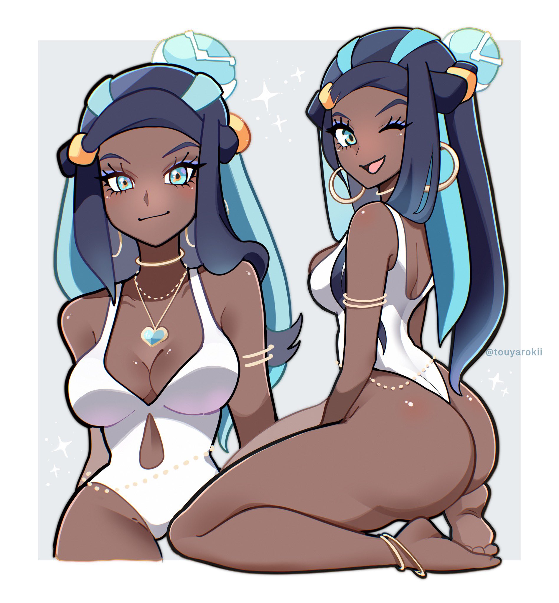 1girl, 1girls, ass, black hair, blue eyes, blue hair, bracelet, breasts, cleavage, dark skin, dark-skinned female, earrings, eyeliner, feet, female, female only, game freak, hoop earrings, long hair, looking at viewer, multicolored hair, necklace, nessa (pokemon), nintendo, open mouth, pokemon, pokemon ss, simple background, smile, solo female, swimsuit, thighs, touyarokii, two-tone hair, waist chain