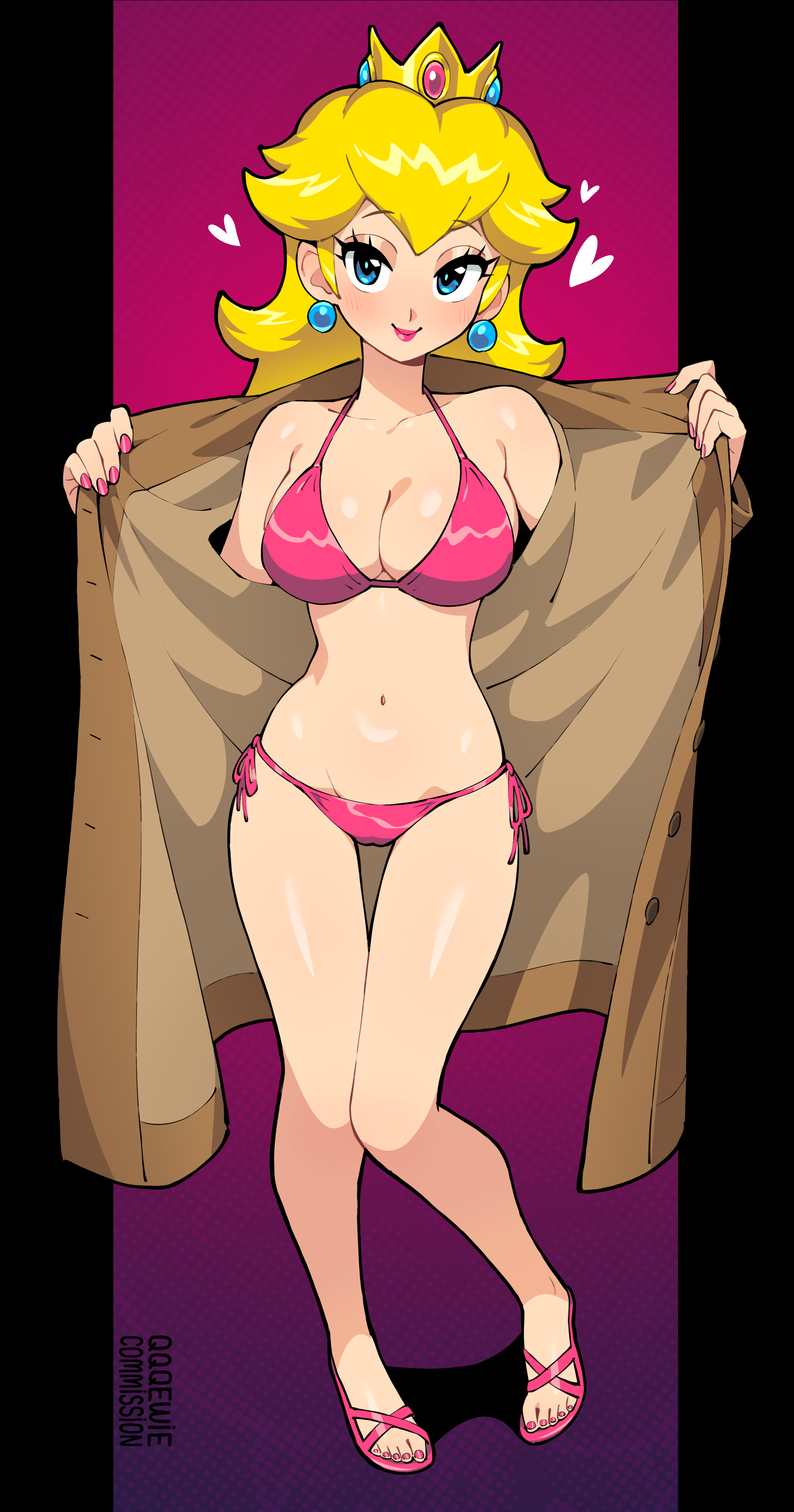 1girls, 333 (dqqqdle), big breasts, bikini, blonde hair, blue eyes, blush, breasts, busty, cleavage, clothes pull, coat, feet, female, female only, heart, highres, large breasts, legs, long hair, mario (series), navel, nintendo, open clothes, open coat, opened by self, pink bikini, pink lips, pose, posing, princess, princess peach, pulling own clothes, qqqewie, seductive, seductive look, seductive smile, sensual, sexy, side-tie bikini bottom, smile, solo, swimsuit, thighs, voluptuous