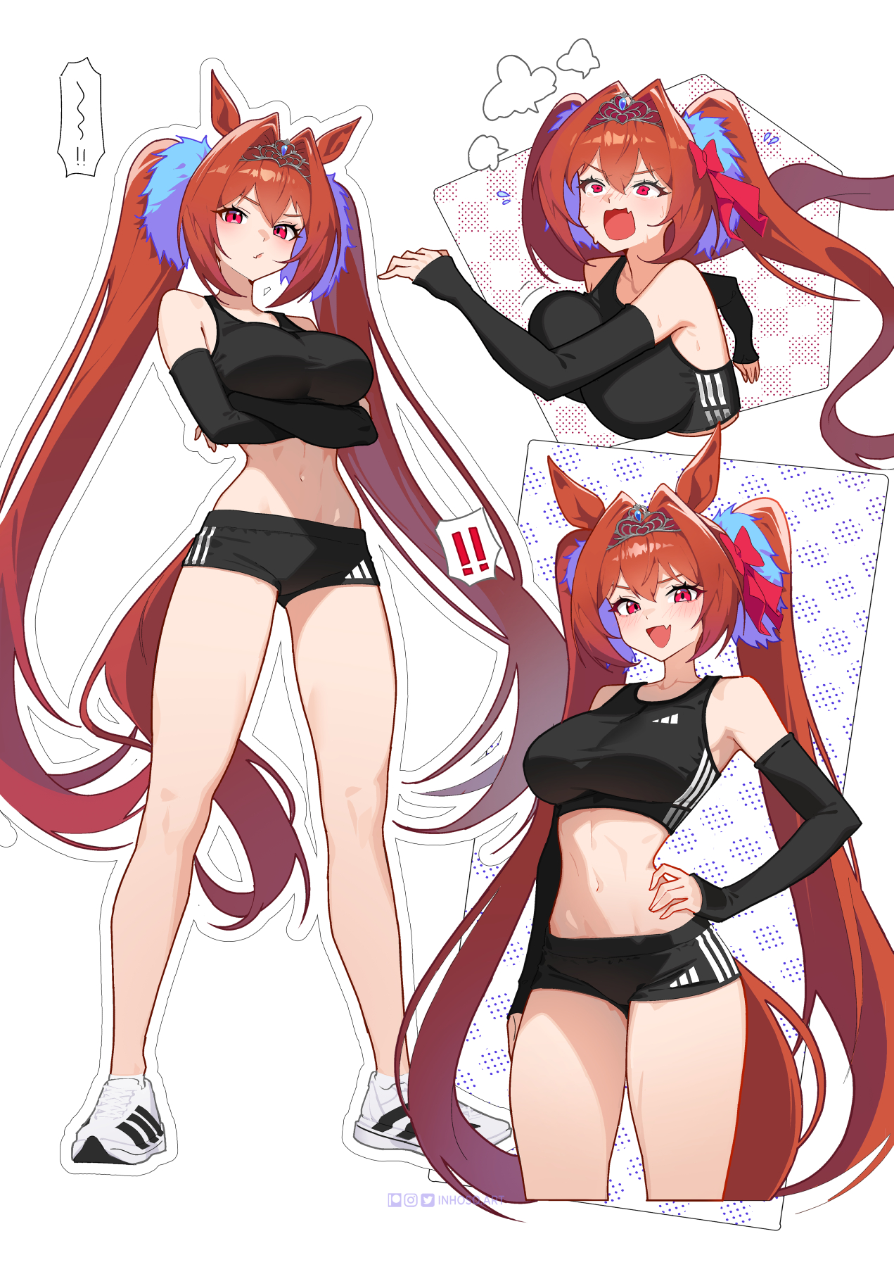 1girl, bare shoulders, black shorts, black sports bra, brown hair, daiwa scarlet (umamusume), full body, gym shorts, hand on hip, horse ears, horse girl, horse tail, inhoso, large breasts, long hair, looking at viewer, multiple views, navel, red eyes, sportswear, standing, stomach, thighs, tiara, twintails, umamusume, umamusume pretty derby