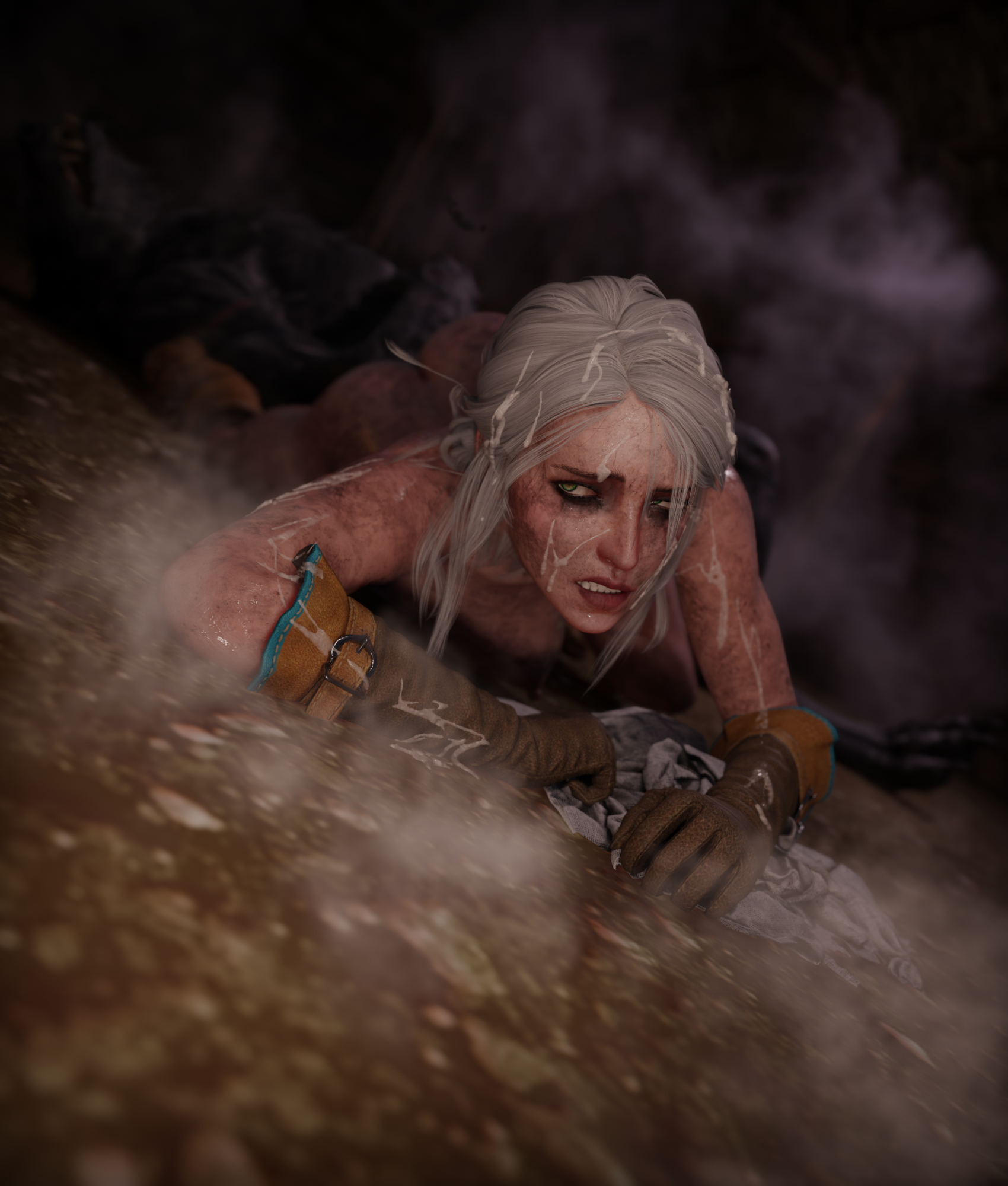 1girls, 1monster, 3d, after rape, after sex, ass, breasts, brown gloves, cd projekt red, ciri, cum, cum on body, cum on face, defeated, defeated heroine, escape, female, freckles, freckles on face, gloves, green eyes, high heel boots, light skin, light-skinned female, mascara, monster, monster on female, nipples, nude, running mascara, runny makeup, scar, soboro, the witcher (series), the witcher 3: wild hunt, werewolf, wet body, white hair