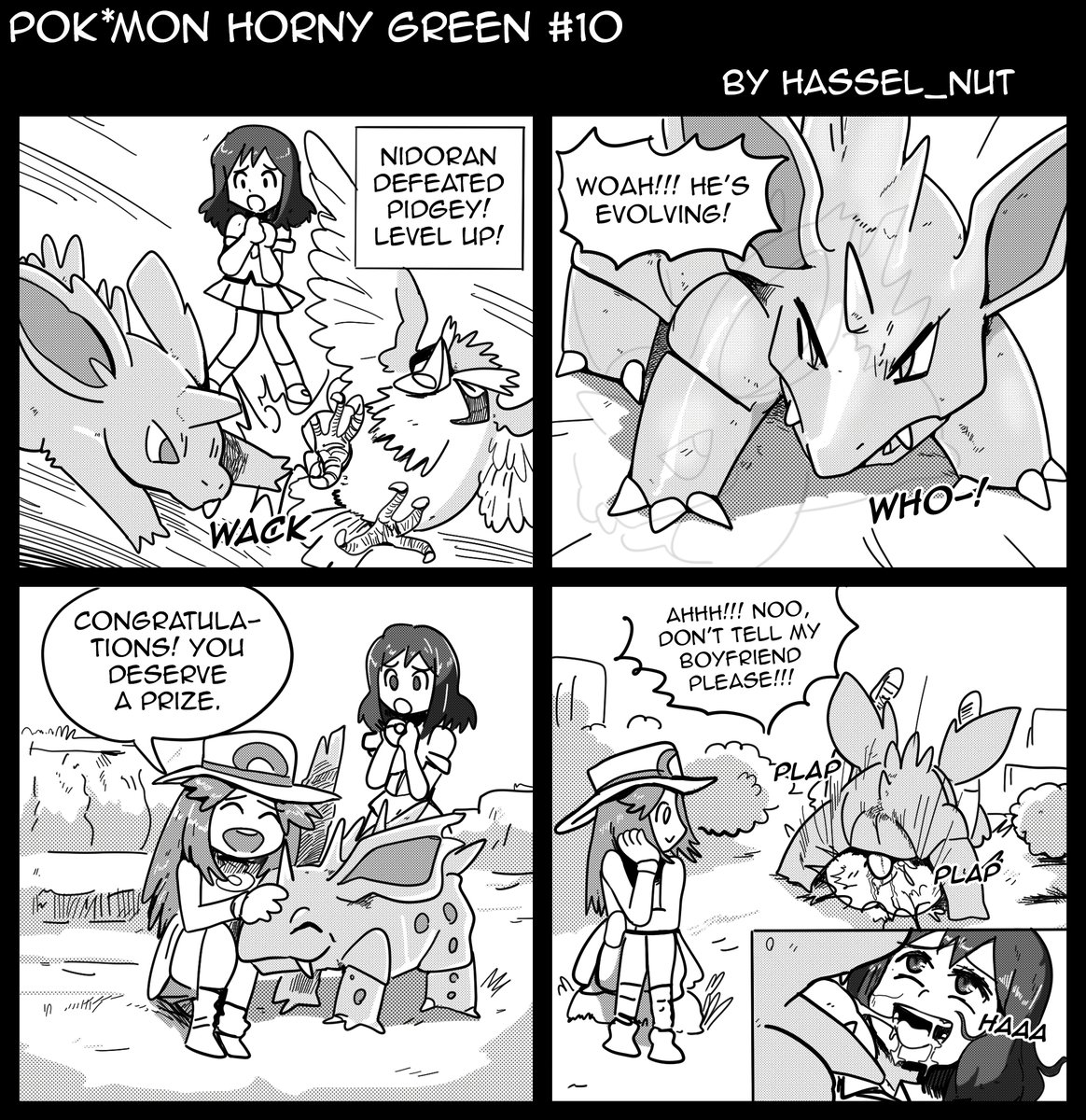 cheating, cheating girlfriend, comic, cuckold, cuckolding, defeated female, greyscale, hasselnut, kissing while penetrated, lass (pokemon rgby), lass (pokemon), leaf (pokemon), netorare, nidoran, nidorino, nintendo, npc trainer, ntr, page 10, pidgey, pokemon, pokemon (species), pokemon horny green, pokephilia, wolfgang bang