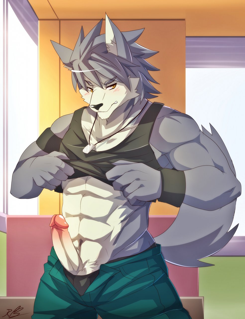 2013 abs anthro biceps big_muscles black_nose canine clothing dog_tags fur grey_fur grey_hair hair humanoid_penis husky kouya_aotsuki male male_only mammal morenatsu muscles necklace penis rabbity shirt shirt_lift solo