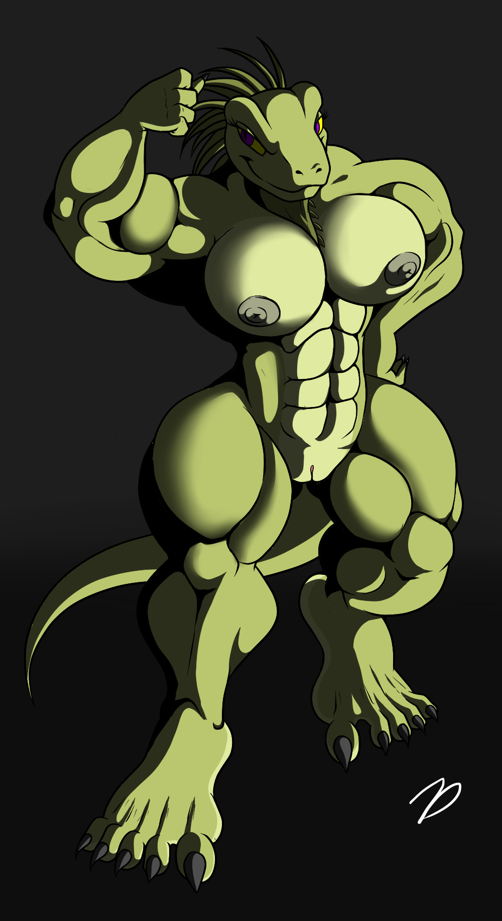 2014 5_fingers 5_toes abs anthro big_breasts big_feet breasts claws eyelashes female female_only green_body grey_background hindpaw iguana lizard looking_at_viewer muscles muscular_female paws plain_background purple_eyes reptile scalie solo standing toe_claws toes yellow_eyes zp92