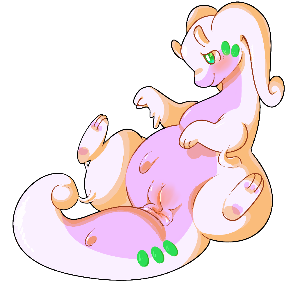 anus blush chubby dragon female goo goodra green_eyes lamm lying nintendo plain_background pokemon pokemon_(species) puffy_anus pussy slimy solo thick_thighs video_games white_background wide_hips