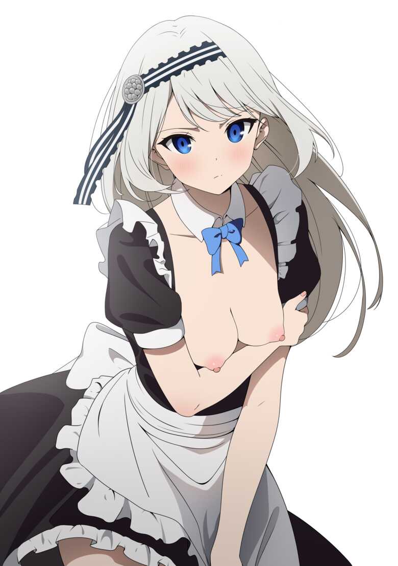 1girls arm_under_breasts blue_eyes blush breasts_out coro_fae female female_only human kaguya-sama_wa_kokurasetai_~tensai-tachi_no_renai_zunousen~ maid_outfit maid_uniform medium_breasts pointy_chin shirogane_kei solo white_background white_hair