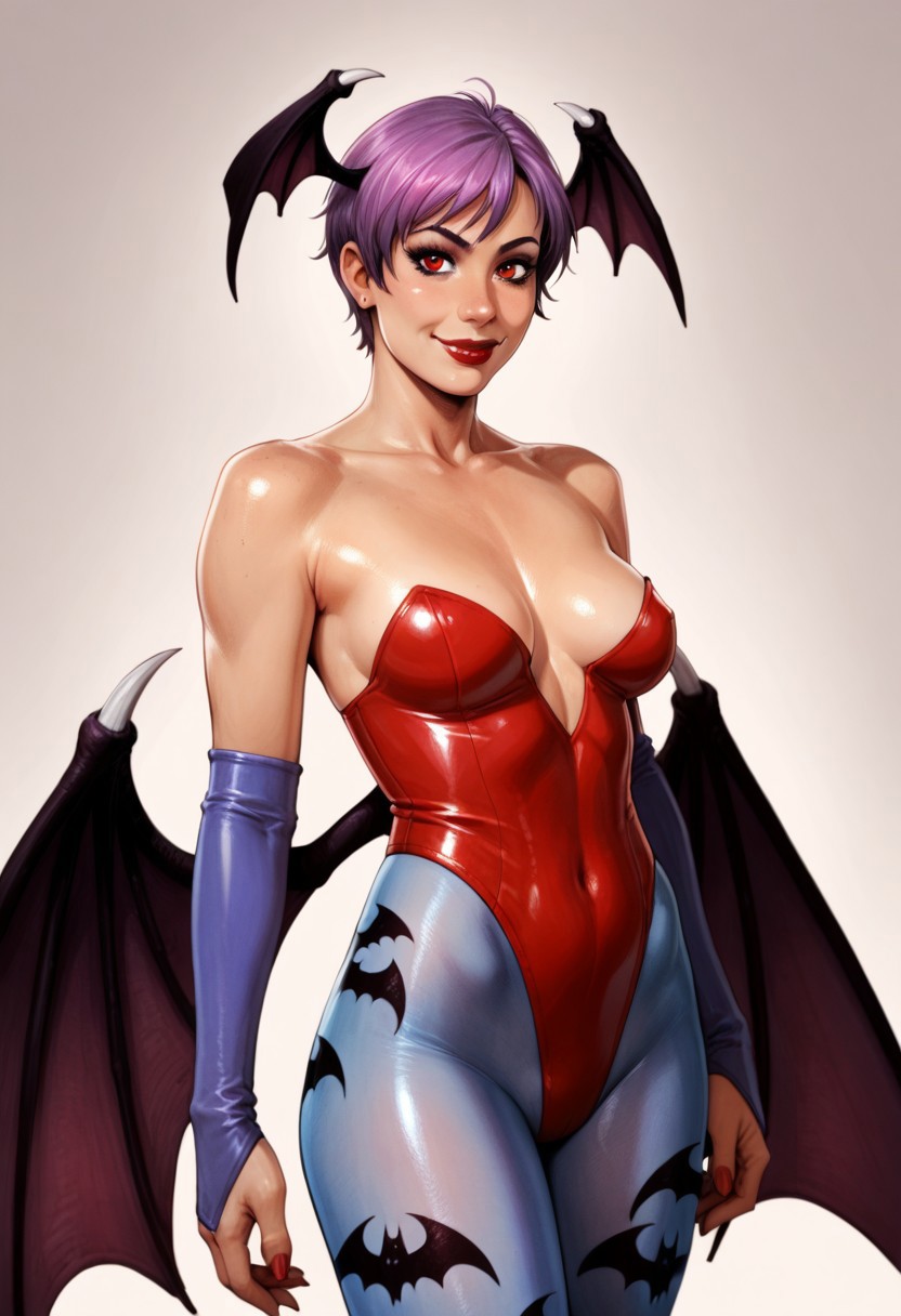 ai_generated bat_wings civitai darkstalkers head_wings leotard lilith_aensland panviewai pinup purple_hair red_eyes short_hair stockings succubus thighs wings