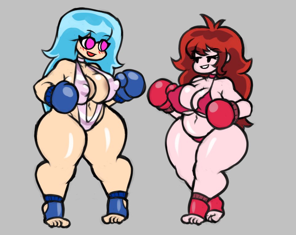 2girls big_breasts bikini blue_boxing_gloves blue_gloves blue_hair boxing boxing_gloves boxing_match breasts chikin_(artist) chubby chubby_female cleavage curvaceous curvy curvy_figure duo female female_focus female_only friday_night_funkin friday_night_funkin_mod girlfriend_(friday_night_funkin) gloves height_difference imminent_fight large_breasts light-skinned_female long_hair navel nipple_bulge nipples original_sky_(friday_night_funkin) pigeon-toed plump red_boxing_gloves red_gloves red_hair shiny_skin simple_background sky_(friday_night_funkin) slingshot_swimsuit smiling swimsuit thick thick_thighs thighs toes twitter v-string voluptuous_female wide_hips