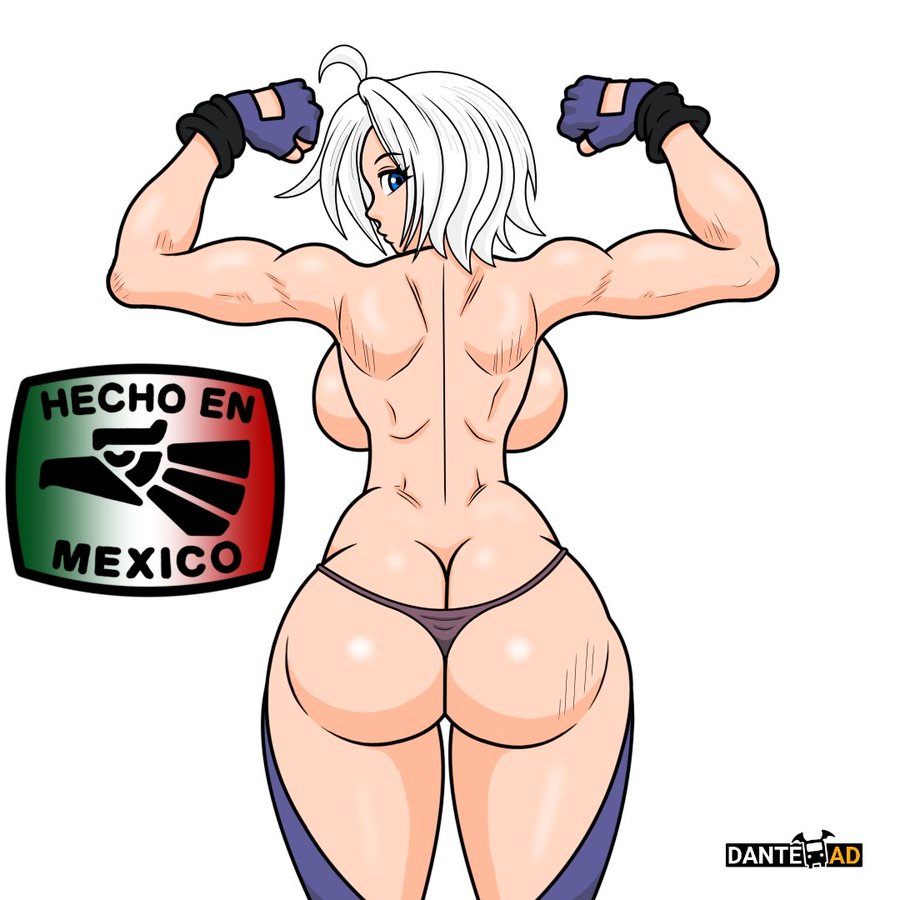 angel_(kof) ass assless_chaps blue_eyes chaps dat_ass fingerless_gloves flexing king_of_fighters large_breasts latina looking_back mexican muscles muscular muscular_back muscular_female panties snk topless white_hair wolfdog_shiranui