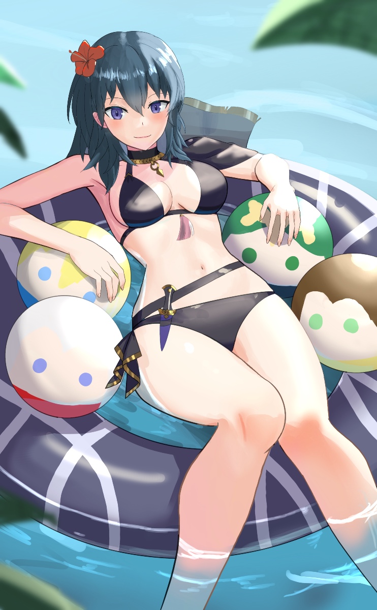 1girls 
black_swimsuit alternate_costume beachball bikini blue_eyes breasts byleth_(female)_(summer)_(fire_emblem) byleth_(fire_emblem) byleth_(fire_emblem)_(female) fire_emblem fire_emblem:_three_houses floatie floating knife leaf leaves looking_at_viewer nintendo official_alternate_costume solo swimsuit tarutaru193 teal_hair water