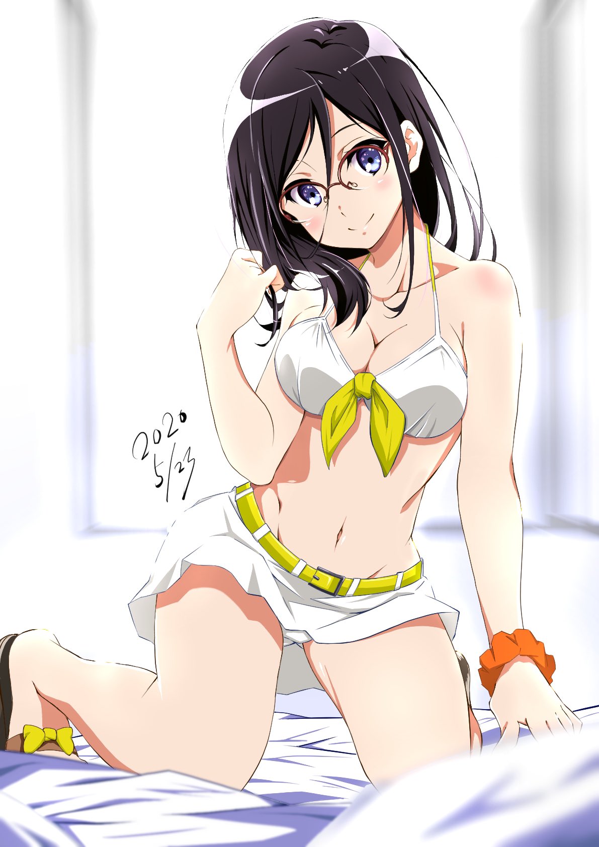 ass_visible_through_thighs bare_arms bare_belly bare_legs bare_shoulders bare_thighs bed bed_sheet belly_button belt bikini black_hair blue_eyes blush body_blush breasts cleavage closed_mouth collarbone feet glasses hibike!_euphonium holding_own_hair long_hair medium_breasts on_knees sandals smile tanaka_asuka thighs tsujimura_ayumu white_bikini