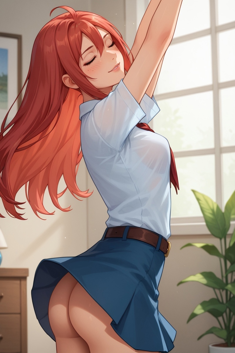 ai generated, ass, ass focus, blue skirt, closed eyes, everlasting summer, female, no panties, red hair, solo, ulyana (everlasting summer), upskirt