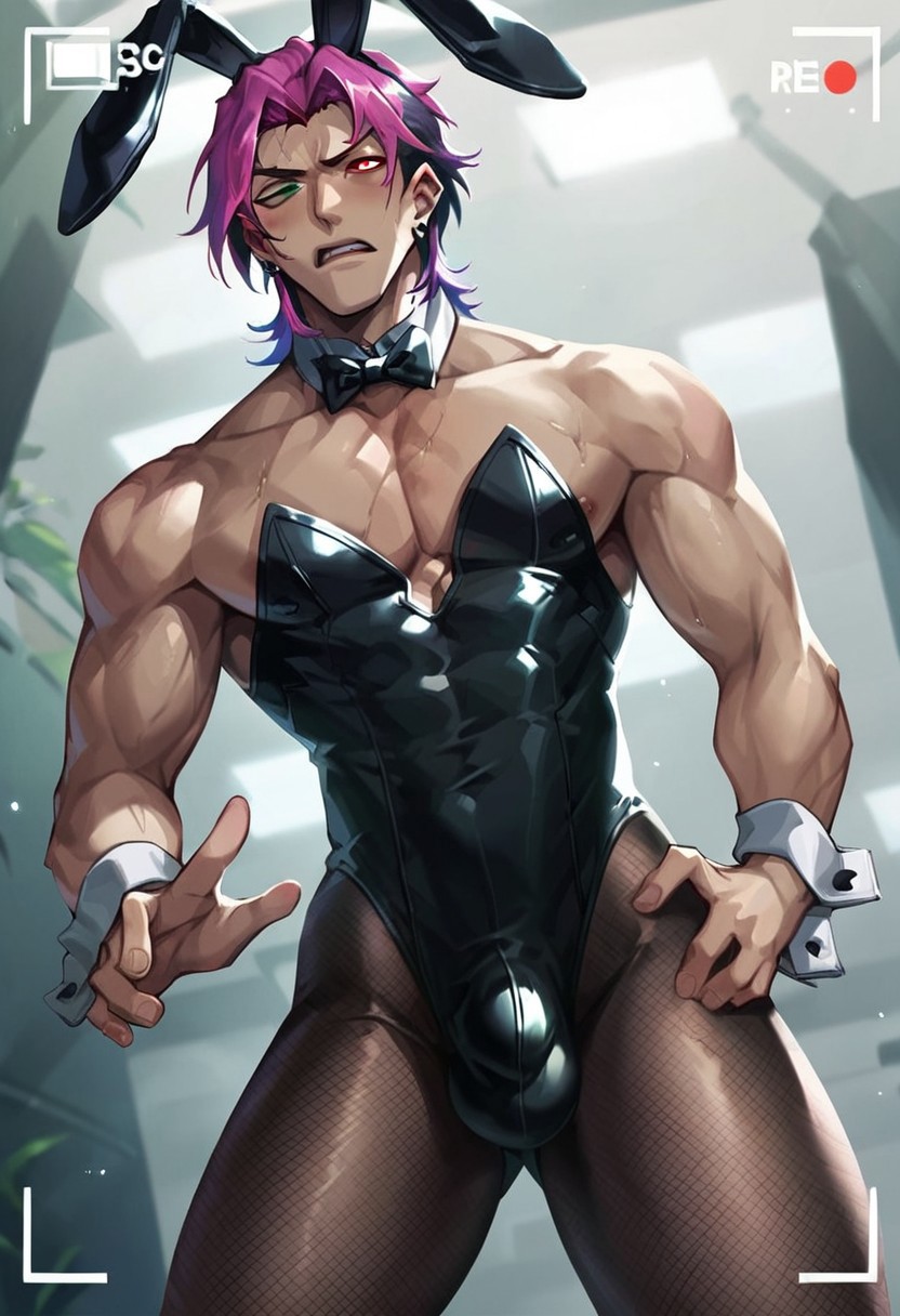 ai_generated blush bulge bunny_ears bunnysuit disgusted gay heartsteel_kayn heartsteel_series heterochromia kayn league_of_legends male male_only muscular_male pantyhose pink_hair purple_hair rabbit_ears recording tom_ai yaoi