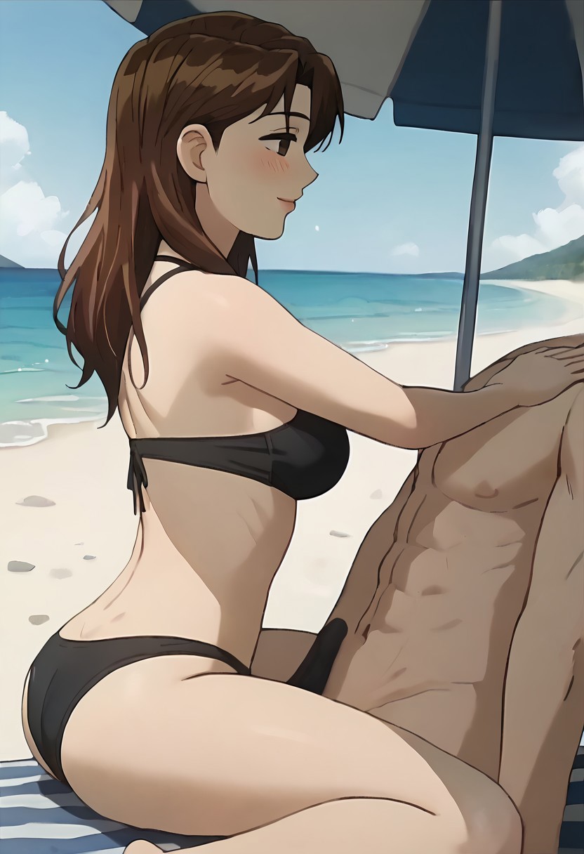 ai_generated beach beach_towel bikini blush civitai cowgirl_position reina_akikawa wangan_midnight