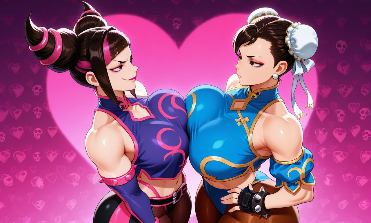 2girls, ai generated, ass, big ass, big breasts, breasts, brown hair, catfight, chun-li, daidouji (artist), daidoujipv, female, female only, juri han, long hair, staredown, street fighter, thick ass, thick thighs, thighhighs, thighs