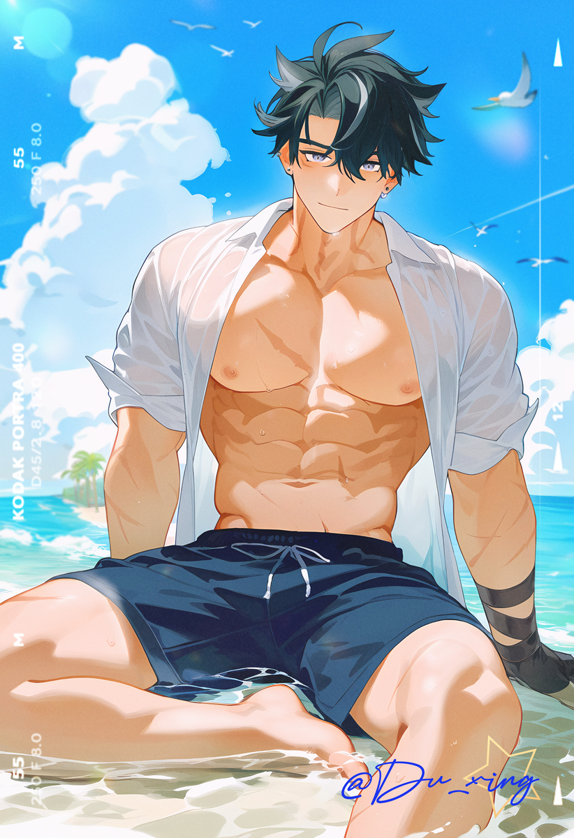 1boy, bara, bare pectorals, big pecs, broad shoulders, gay, genshin impact, male, male focus, male only, muscular, muscular male, solo, solo male, wriothesley (genshin impact), yaoi