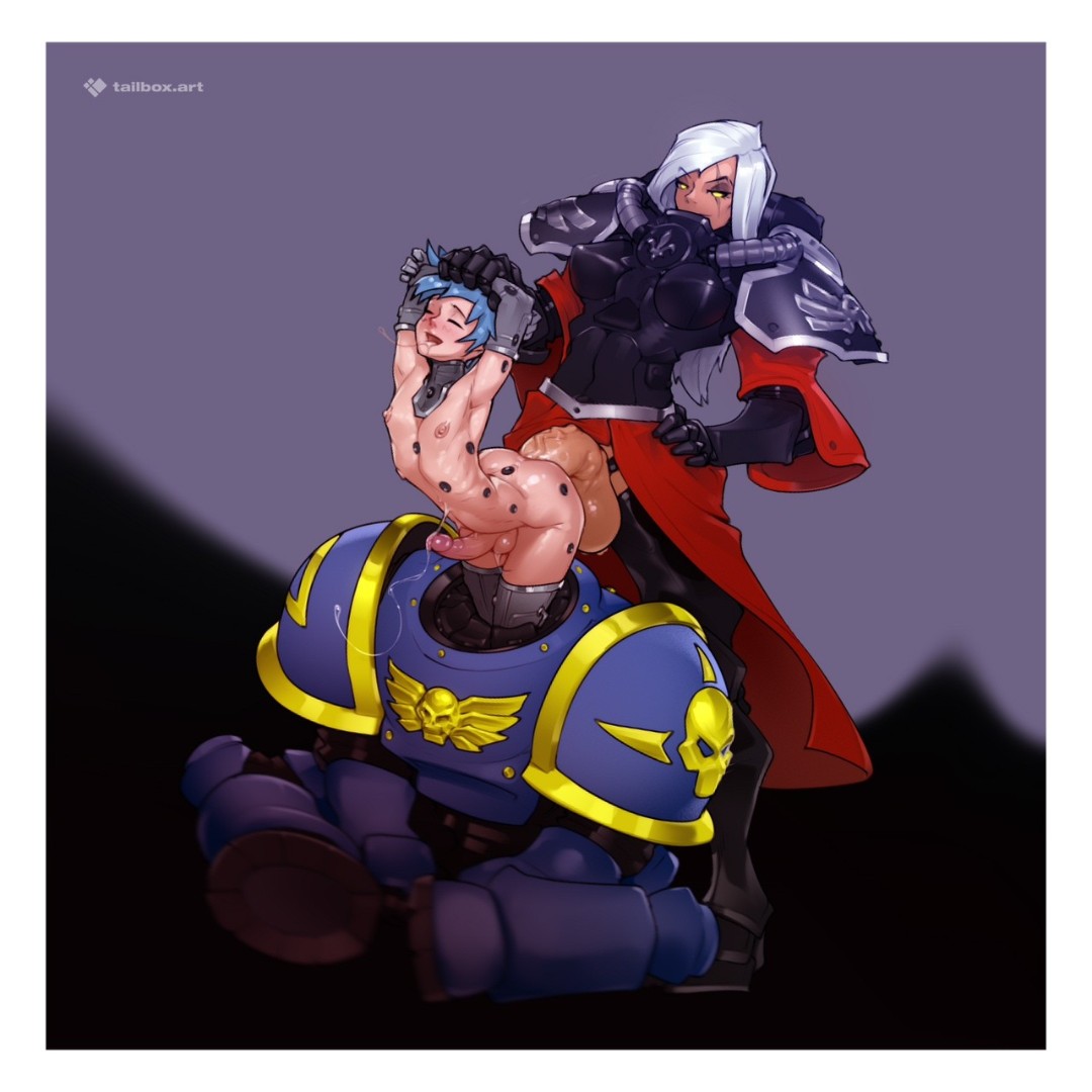 1boy 1futa femboy futa_on_femboy futa_on_male futanari male sister_of_battle space_marine tailbox ultramarines warhammer_40k